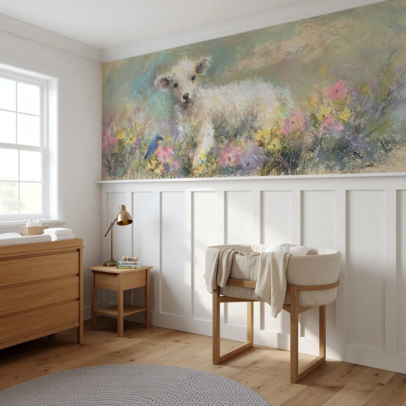 Fuzzy Lamb Flower Field Wainscoting Wallpaper styled in a kids bedroom by Whimsy Tots