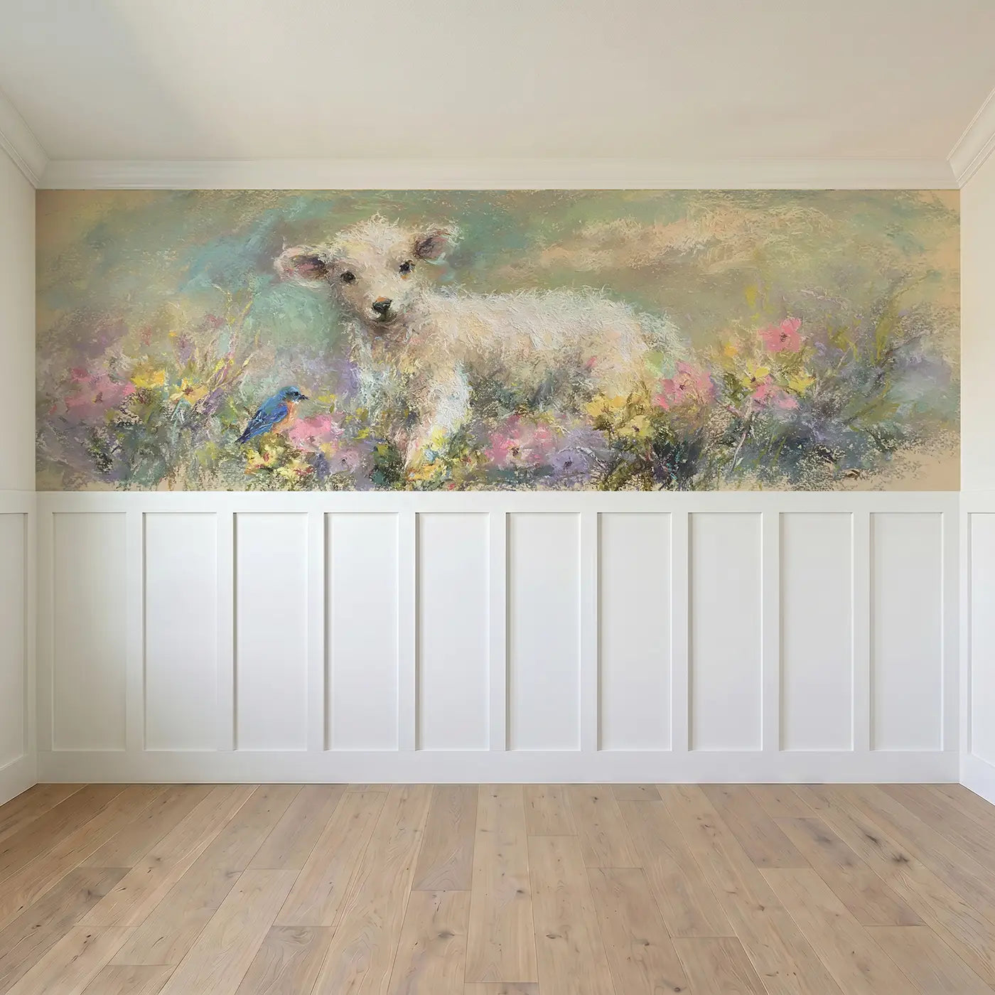 Full panel view of Fuzzy Lamb Flower Field Wainscoting Wallpaper by Whimsy Tots