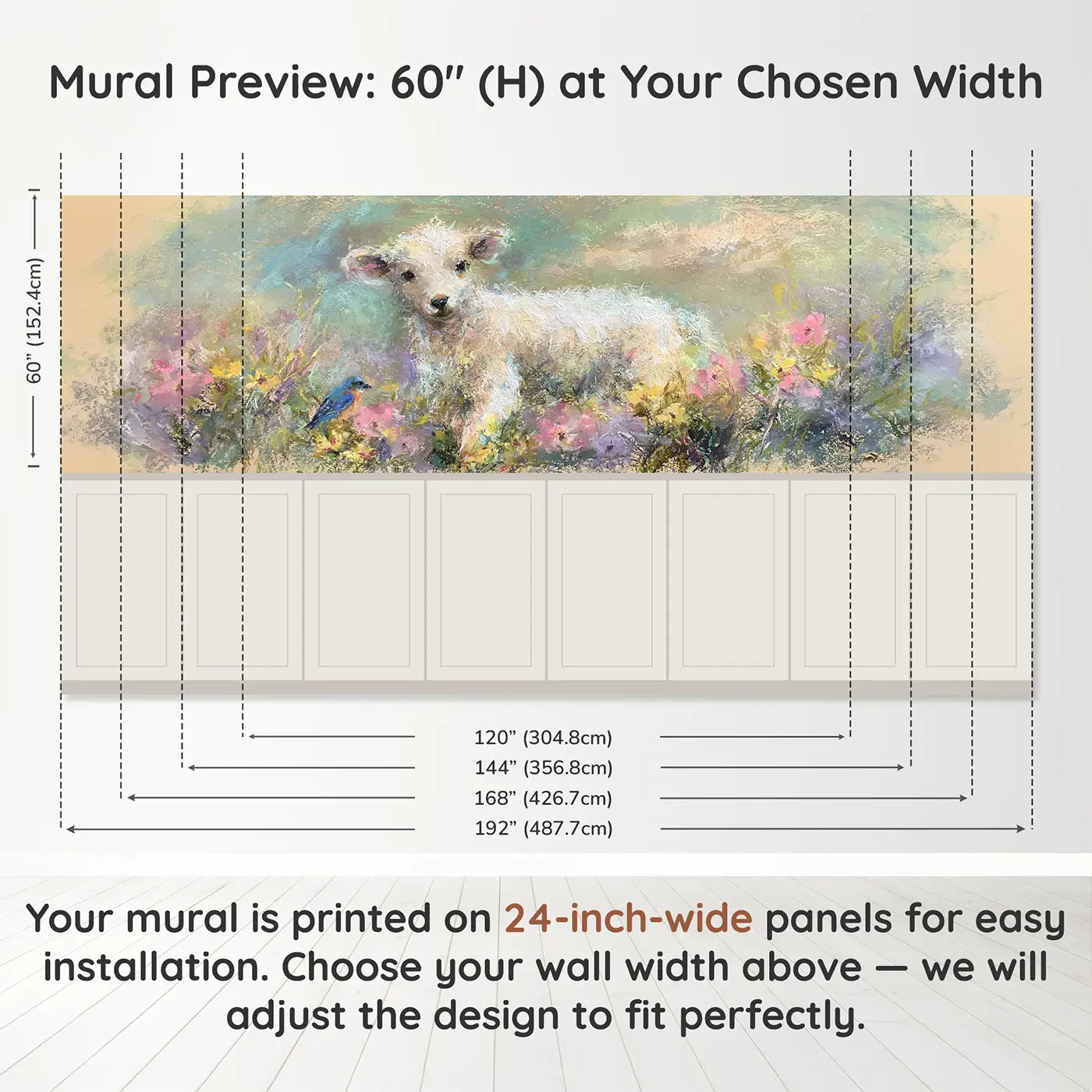 Panel dimensions for Fuzzy Lamb Flower Field Wainscoting Wallpaper by Whimsy Tots