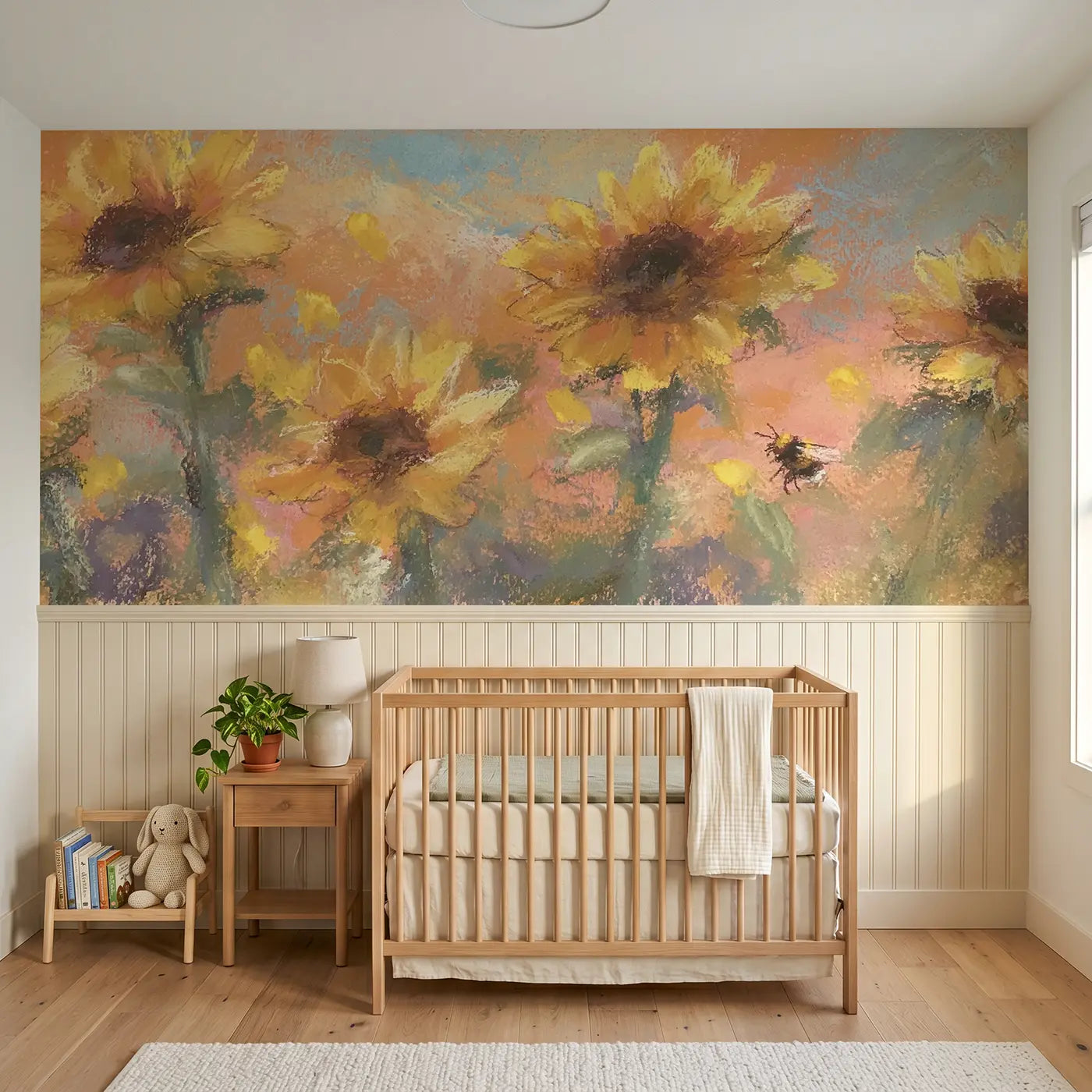 Soft Pastel sunflower dreamy wainscoting wallpaper for nursery by Whimsy Tots
