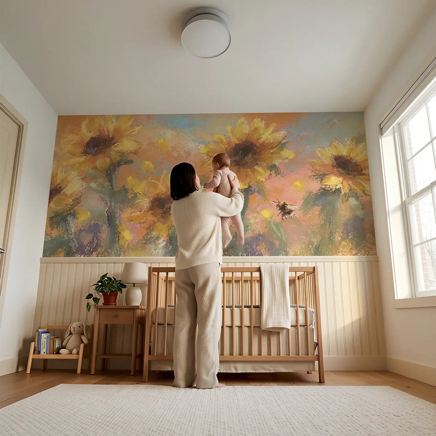 Child reading near Pastel Sunflower Dreamy Wainscoting Wallpaper by Whimsy Tots