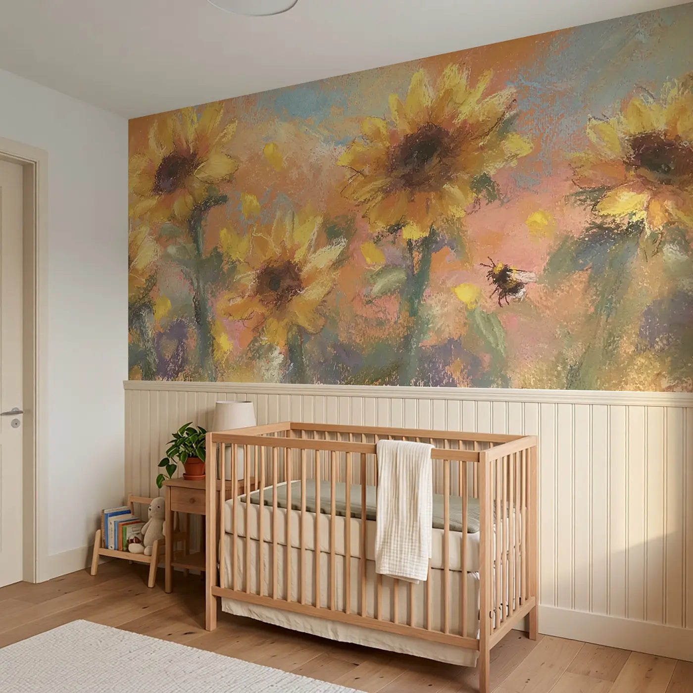 Pastel Sunflower Dreamy Wainscoting Wallpaper styled in a kids bedroom by Whimsy Tots