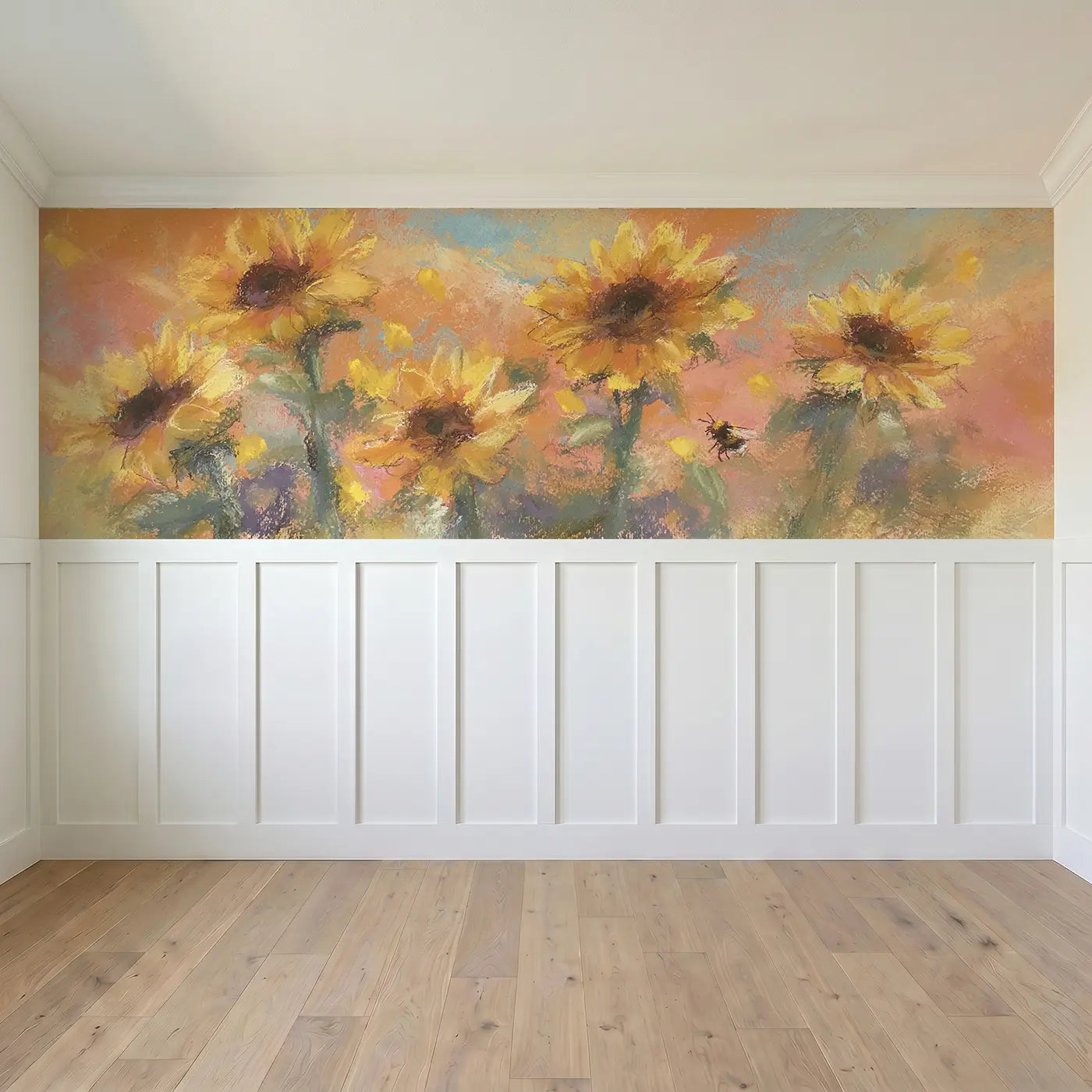 Full panel view of Pastel Sunflower Dreamy Wainscoting Wallpaper by Whimsy Tots