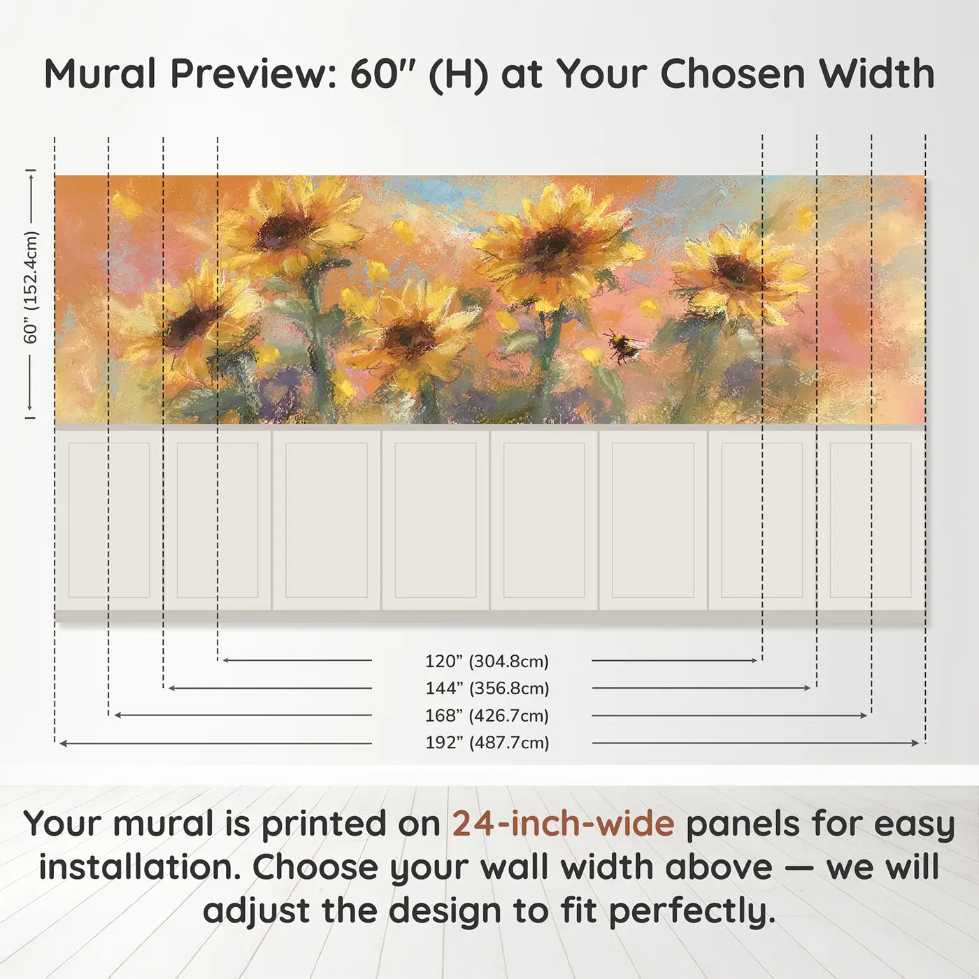 Panel dimensions for Pastel Sunflower Dreamy Wainscoting Wallpaper by Whimsy Tots