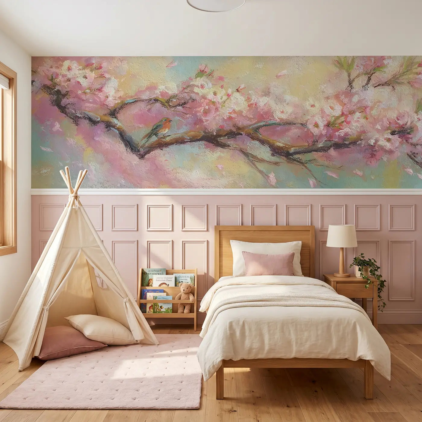 Soft Pastel cherry blossom chalk drift wainscoting wallpaper for nursery by Whimsy Tots