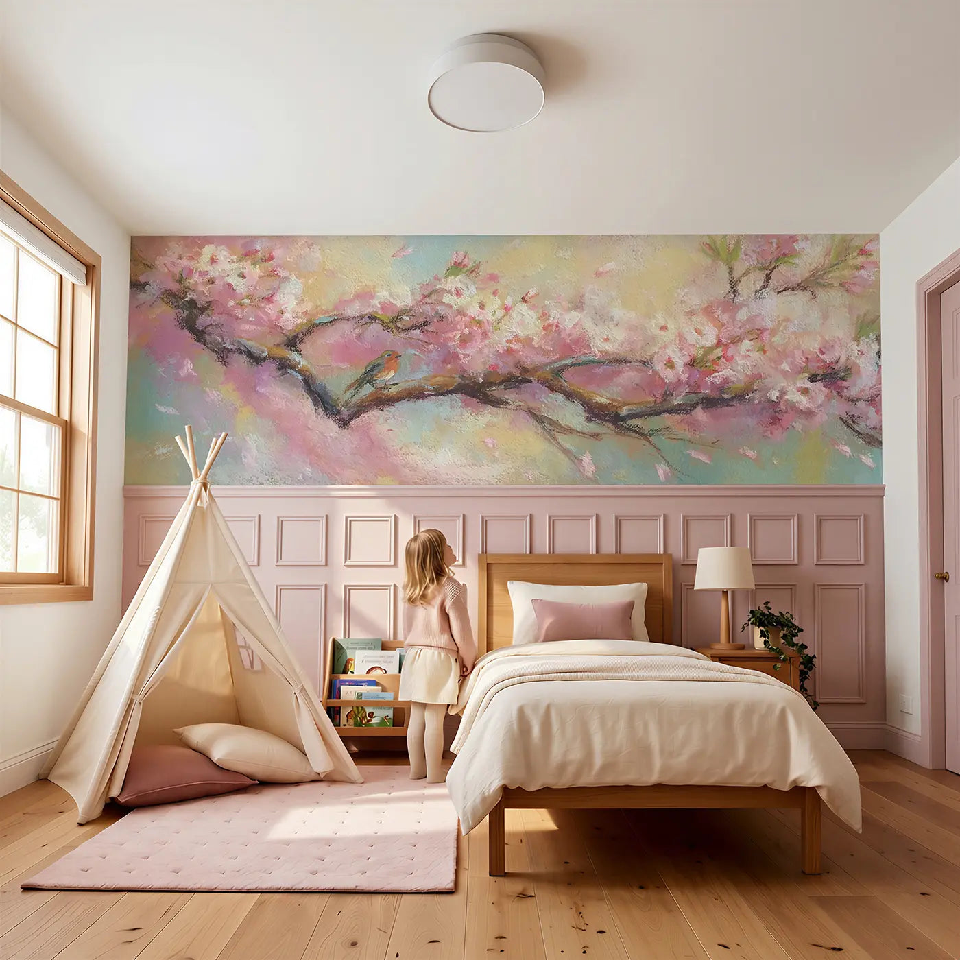 Child reading near Cherry Blossom Chalk Drift Wainscoting Wallpaper by Whimsy Tots