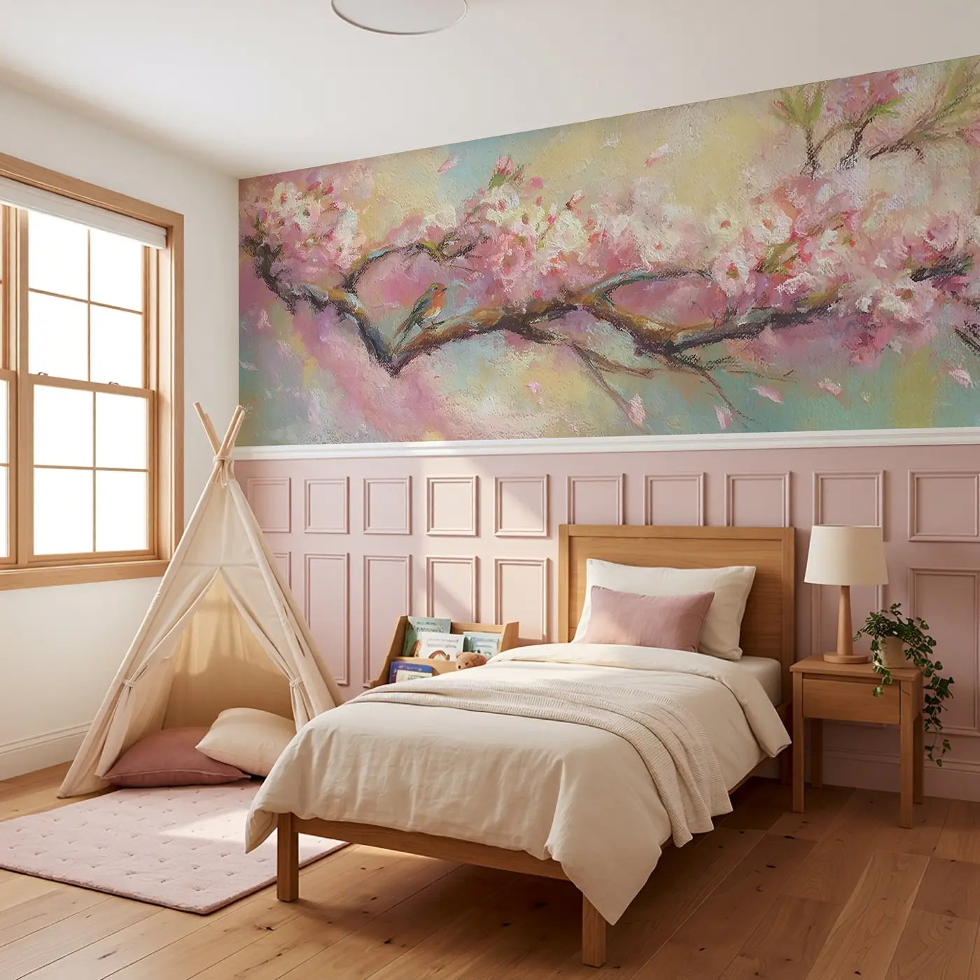 Cherry Blossom Chalk Drift Wainscoting Wallpaper styled in a kids bedroom by Whimsy Tots