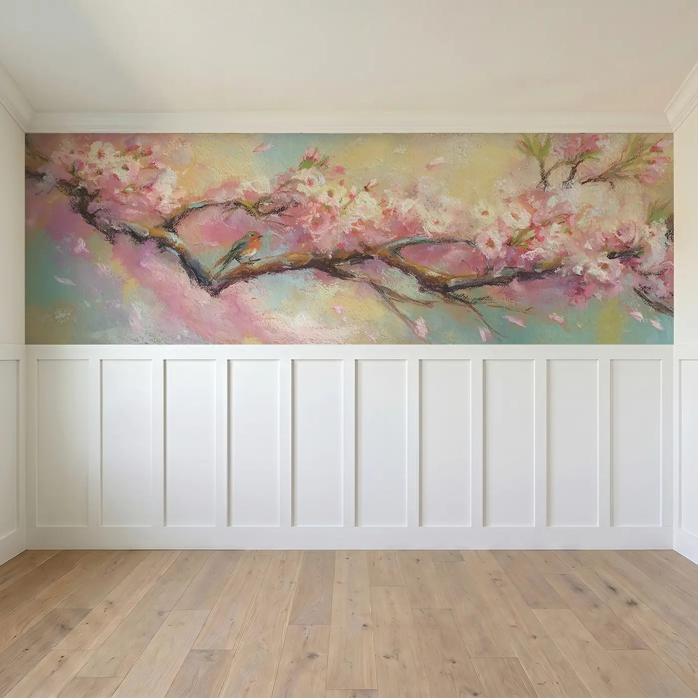 Full panel view of Cherry Blossom Chalk Drift Wainscoting Wallpaper by Whimsy Tots