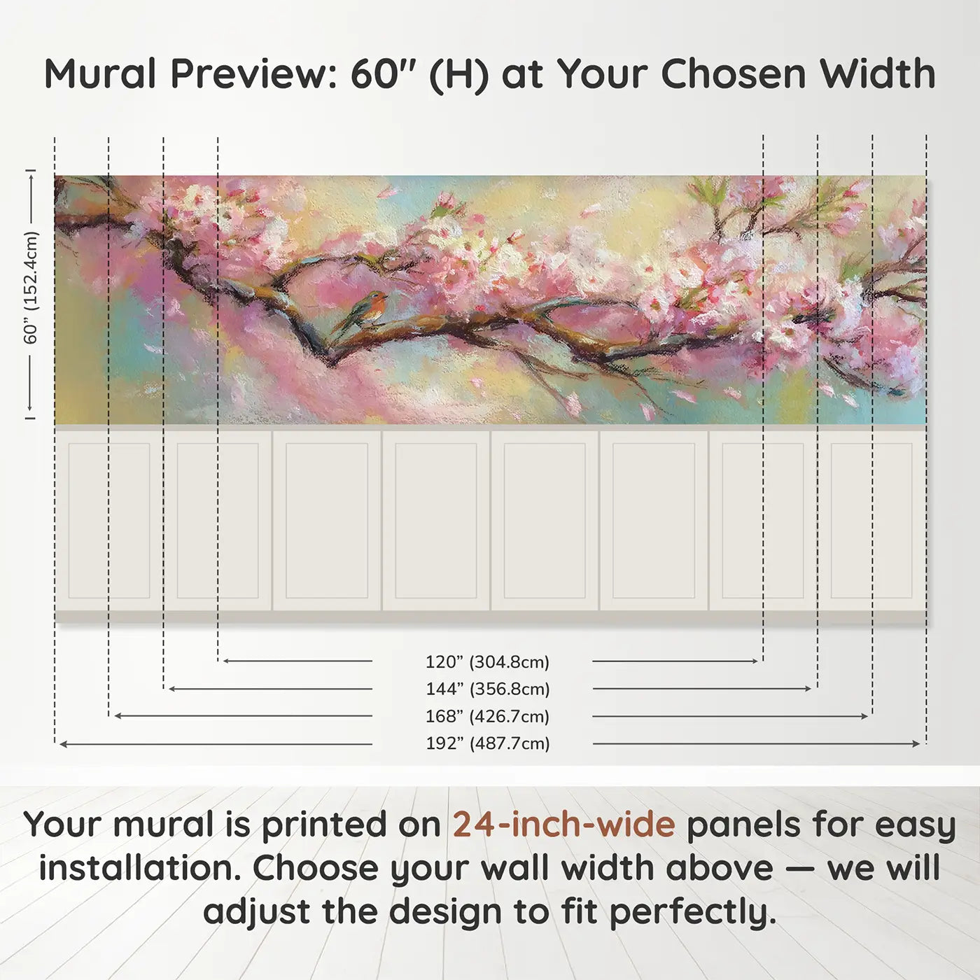 Panel dimensions for Cherry Blossom Chalk Drift Wainscoting Wallpaper by Whimsy Tots