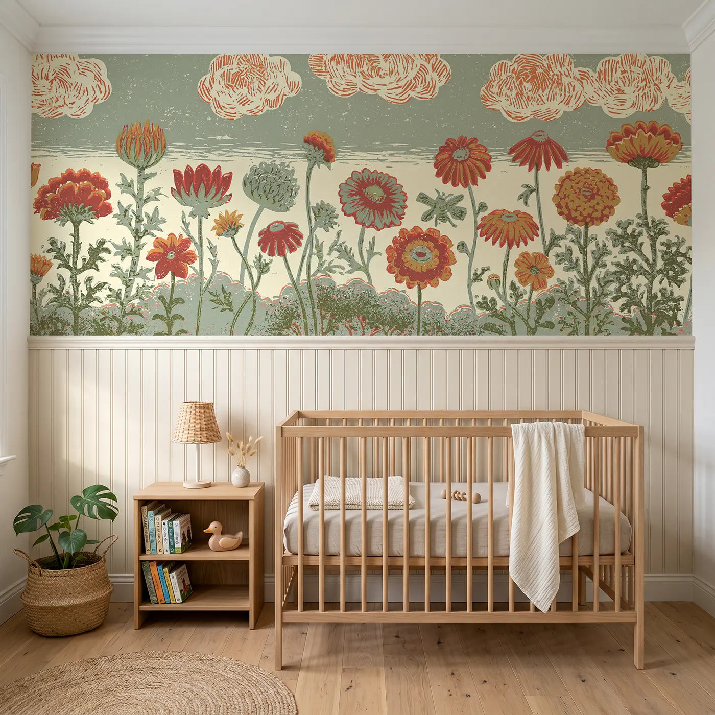 Block Print carved wildflower border wainscoting wallpaper for nursery by Whimsy Tots