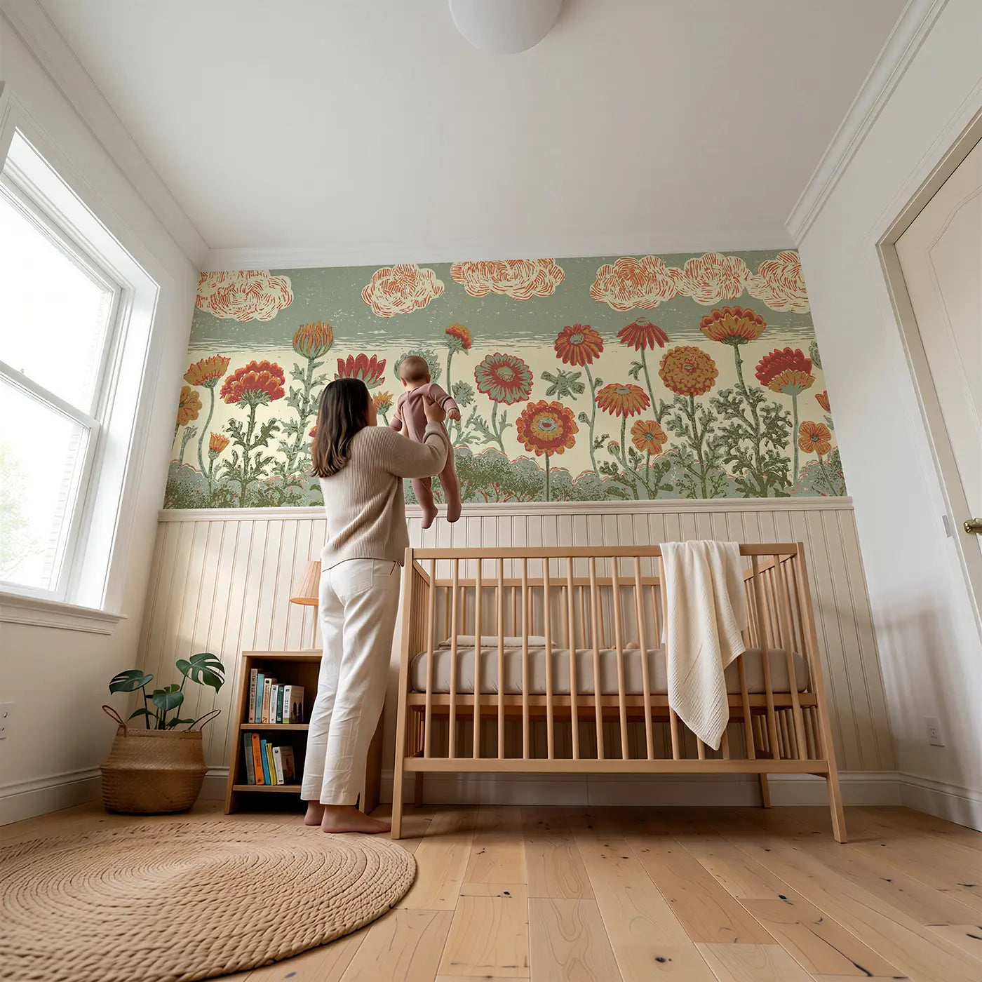 Child reading near Carved Wildflower Border Wainscoting Wallpaper by Whimsy Tots