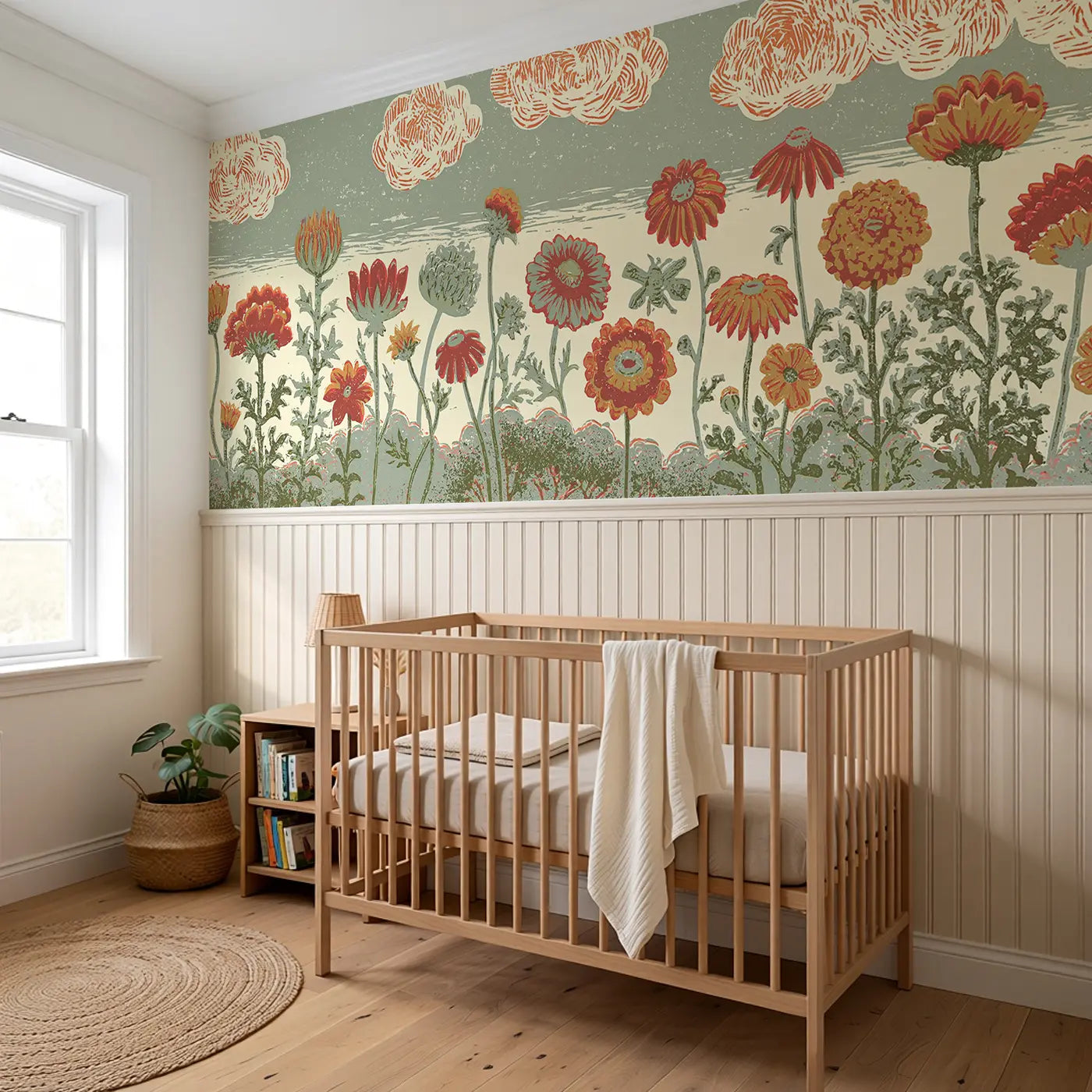 Carved Wildflower Border Wainscoting Wallpaper styled in a kids bedroom by Whimsy Tots