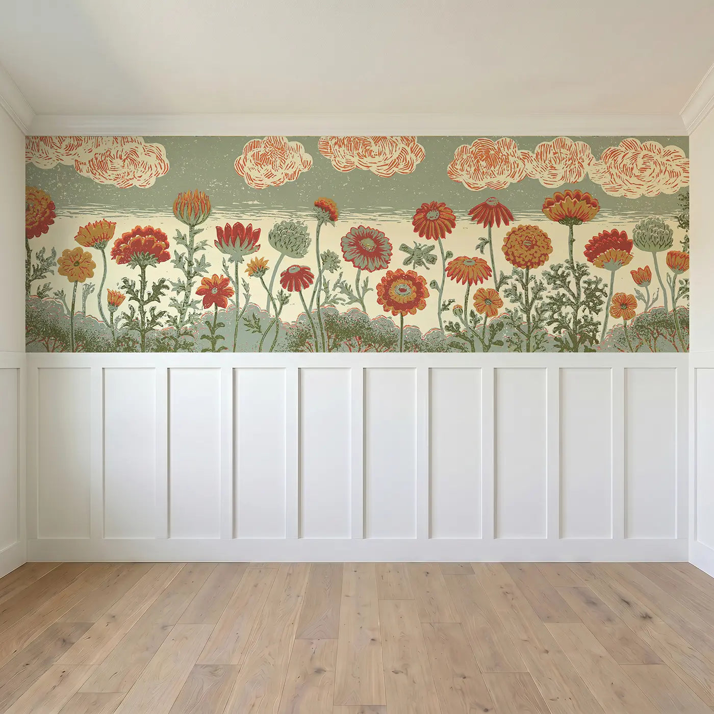 Full panel view of Carved Wildflower Border Wainscoting Wallpaper by Whimsy Tots