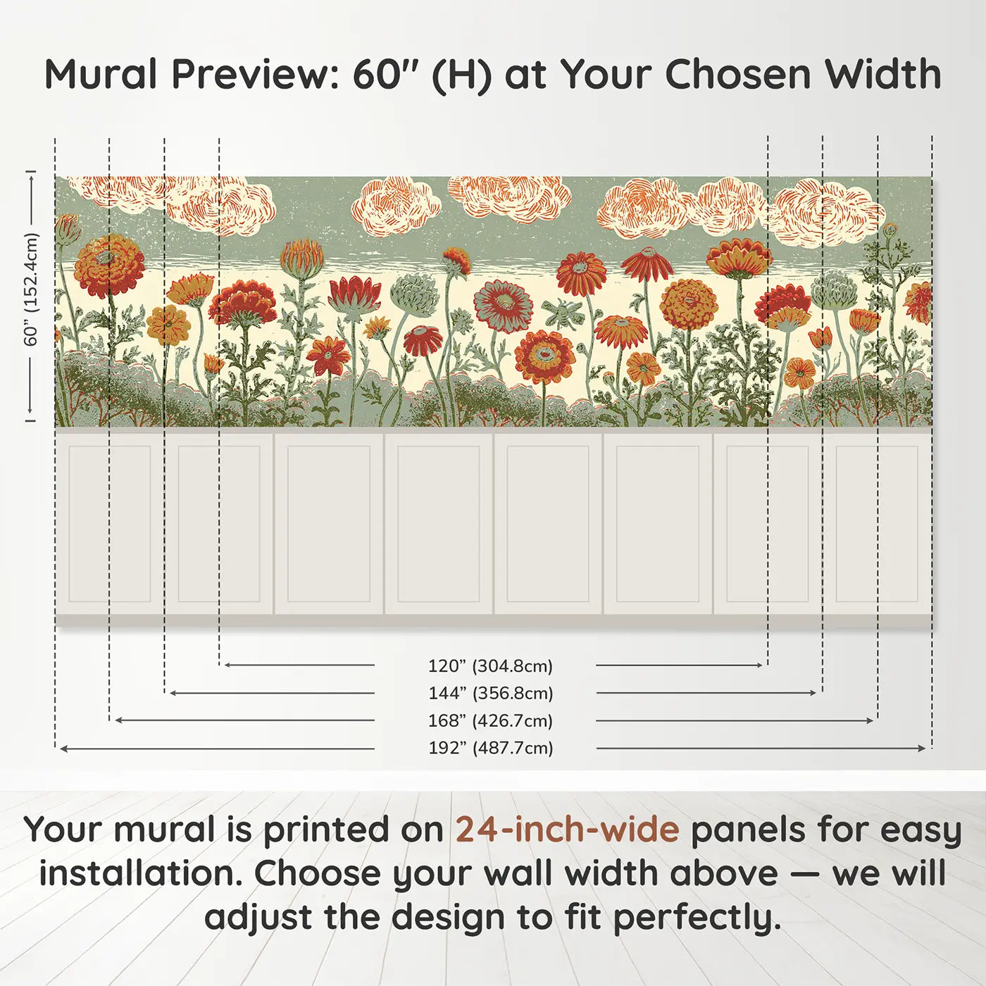 Panel dimensions for Carved Wildflower Border Wainscoting Wallpaper by Whimsy Tots