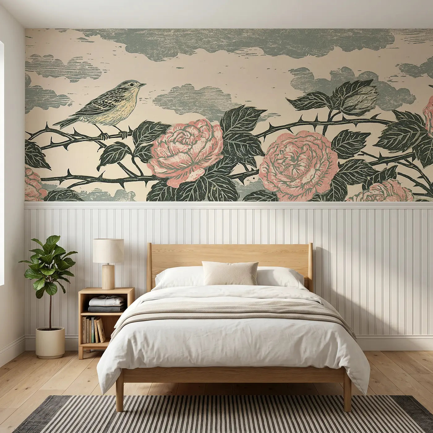 Block Print linocut rose hedge row wainscoting wallpaper for bedroom by Whimsy Tots