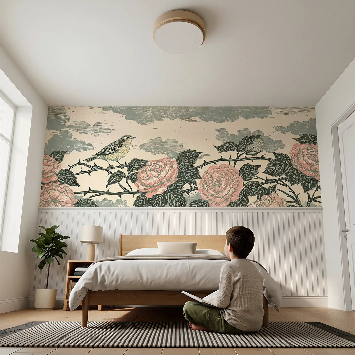 Child reading near Linocut Rose Hedge Row Wainscoting Wallpaper by Whimsy Tots