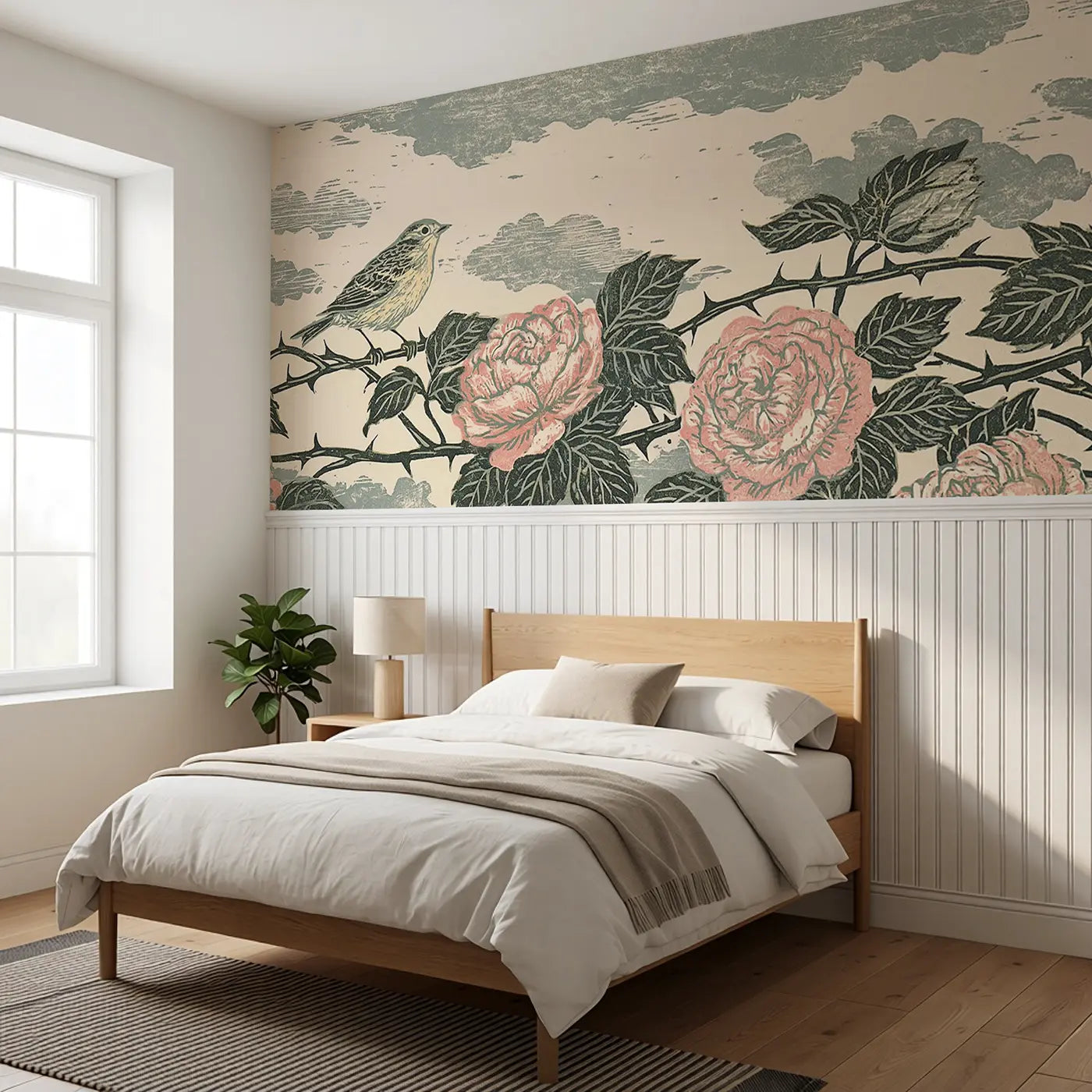 Linocut Rose Hedge Row Wainscoting Wallpaper styled in a kids bedroom by Whimsy Tots