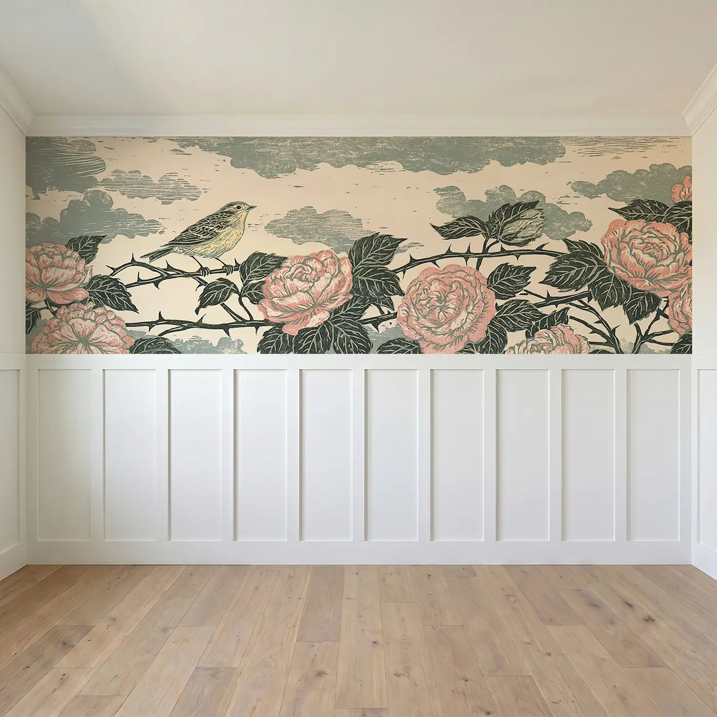 Full panel view of Linocut Rose Hedge Row Wainscoting Wallpaper by Whimsy Tots