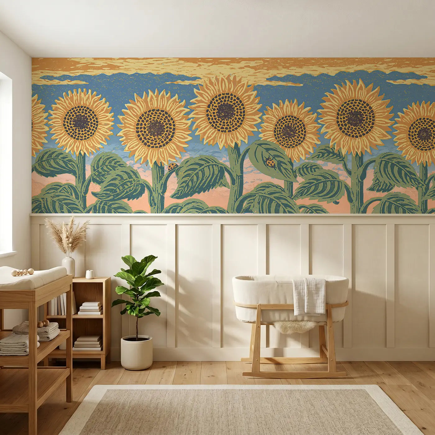 Block Print sunflower stand wainscoting wallpaper for nursery by Whimsy Tots