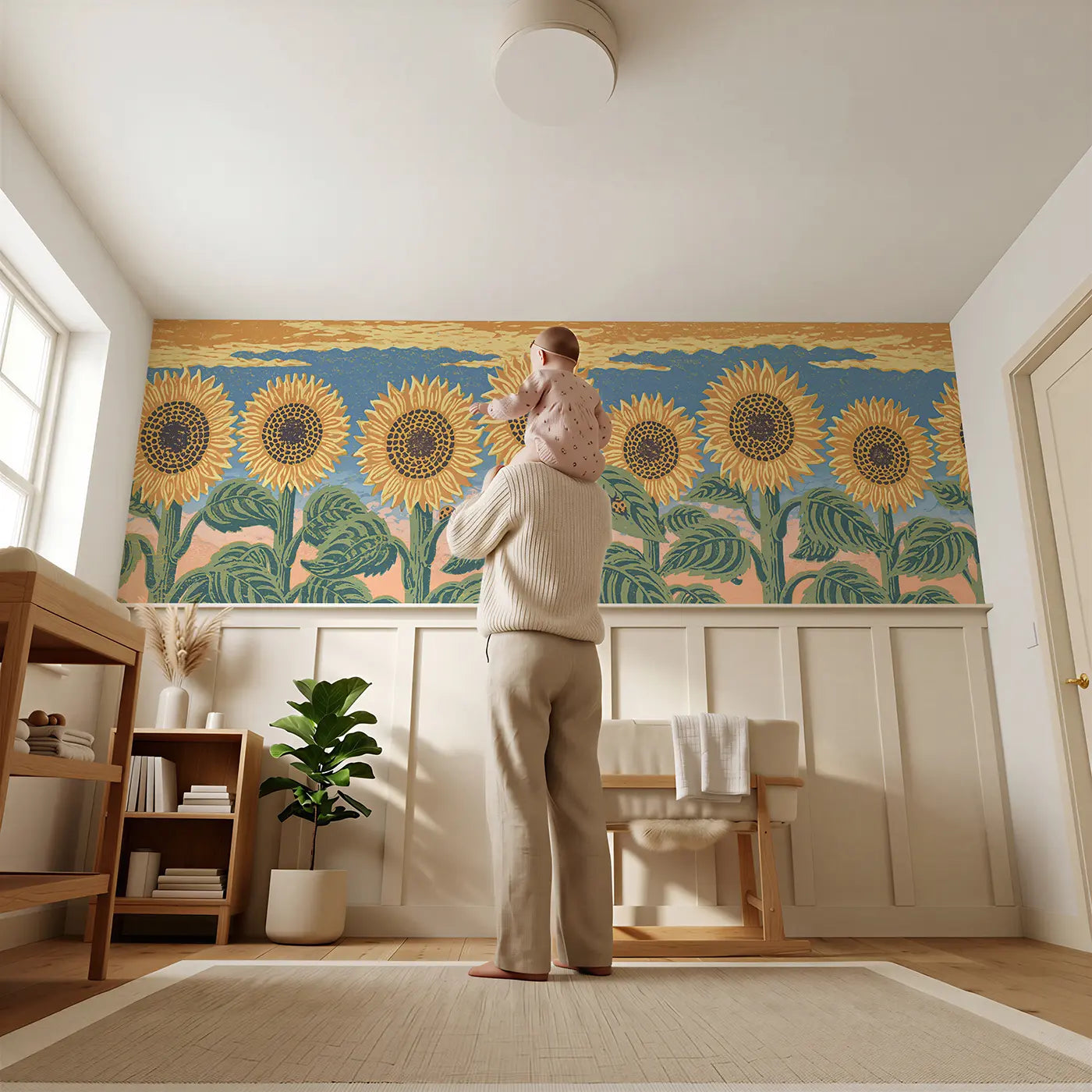 Child reading near Block Print Sunflower Stand Wainscoting Wallpaper by Whimsy Tots