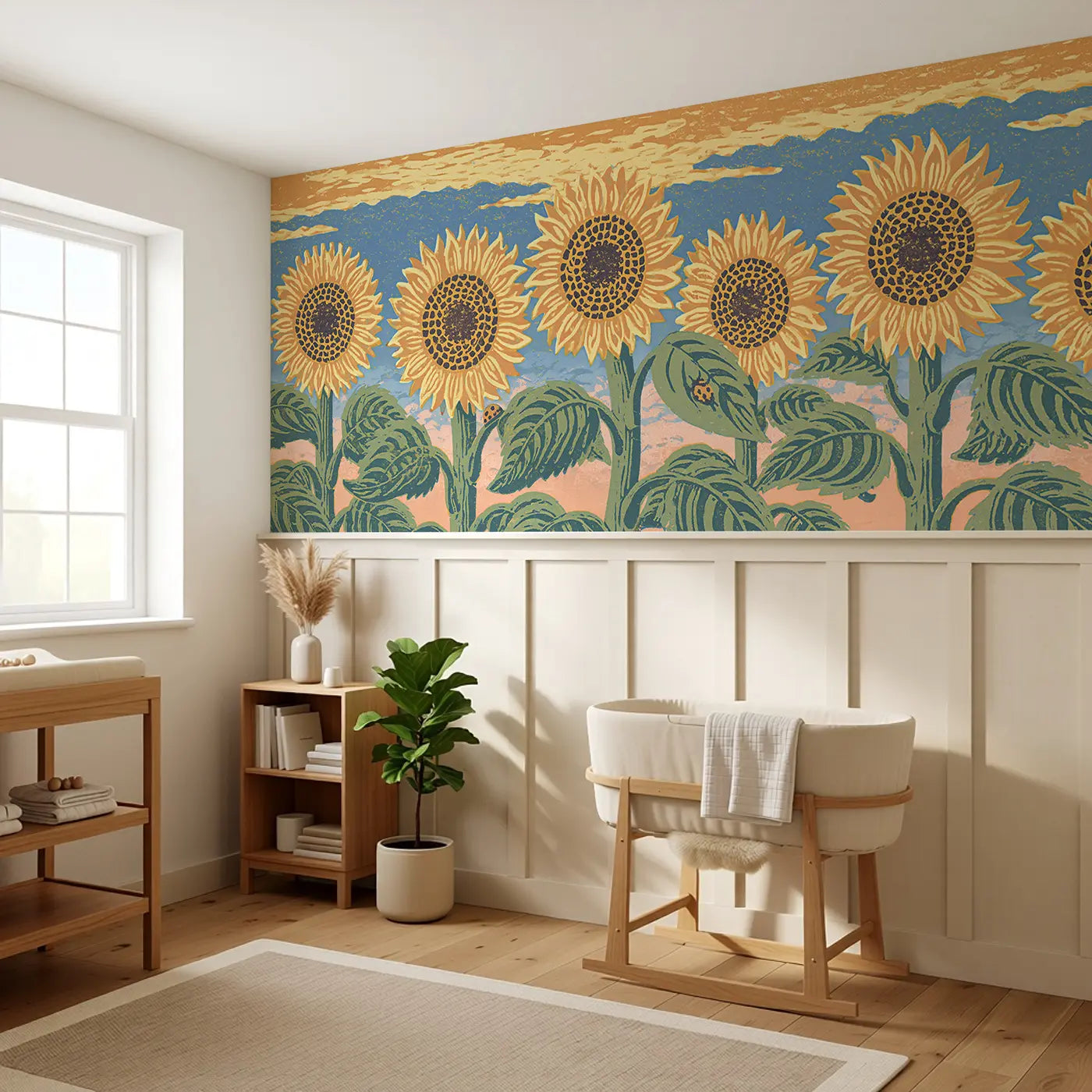 Block Print Sunflower Stand Wainscoting Wallpaper styled in a kids bedroom by Whimsy Tots