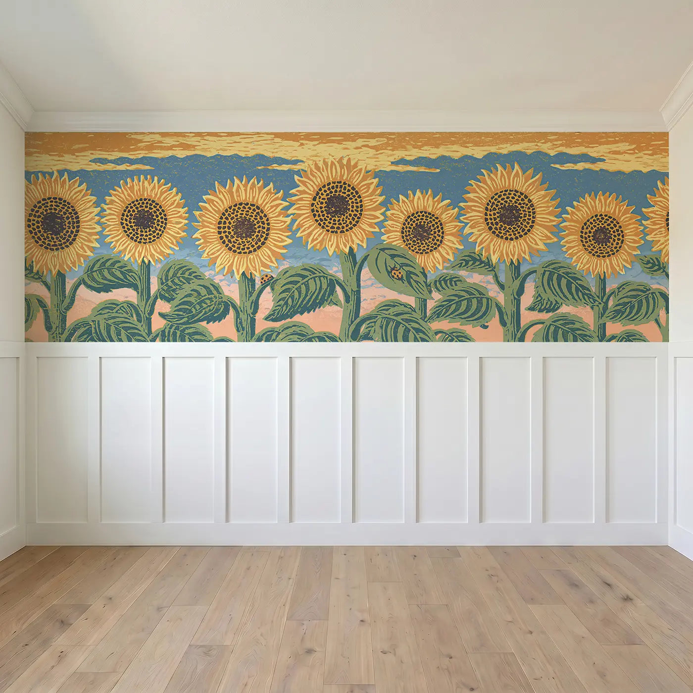 Full panel view of Block Print Sunflower Stand Wainscoting Wallpaper by Whimsy Tots