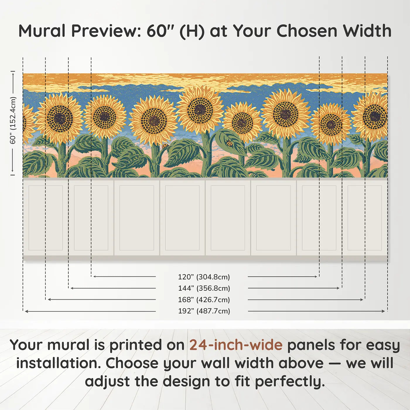 Panel dimensions for Block Print Sunflower Stand Wainscoting Wallpaper by Whimsy Tots
