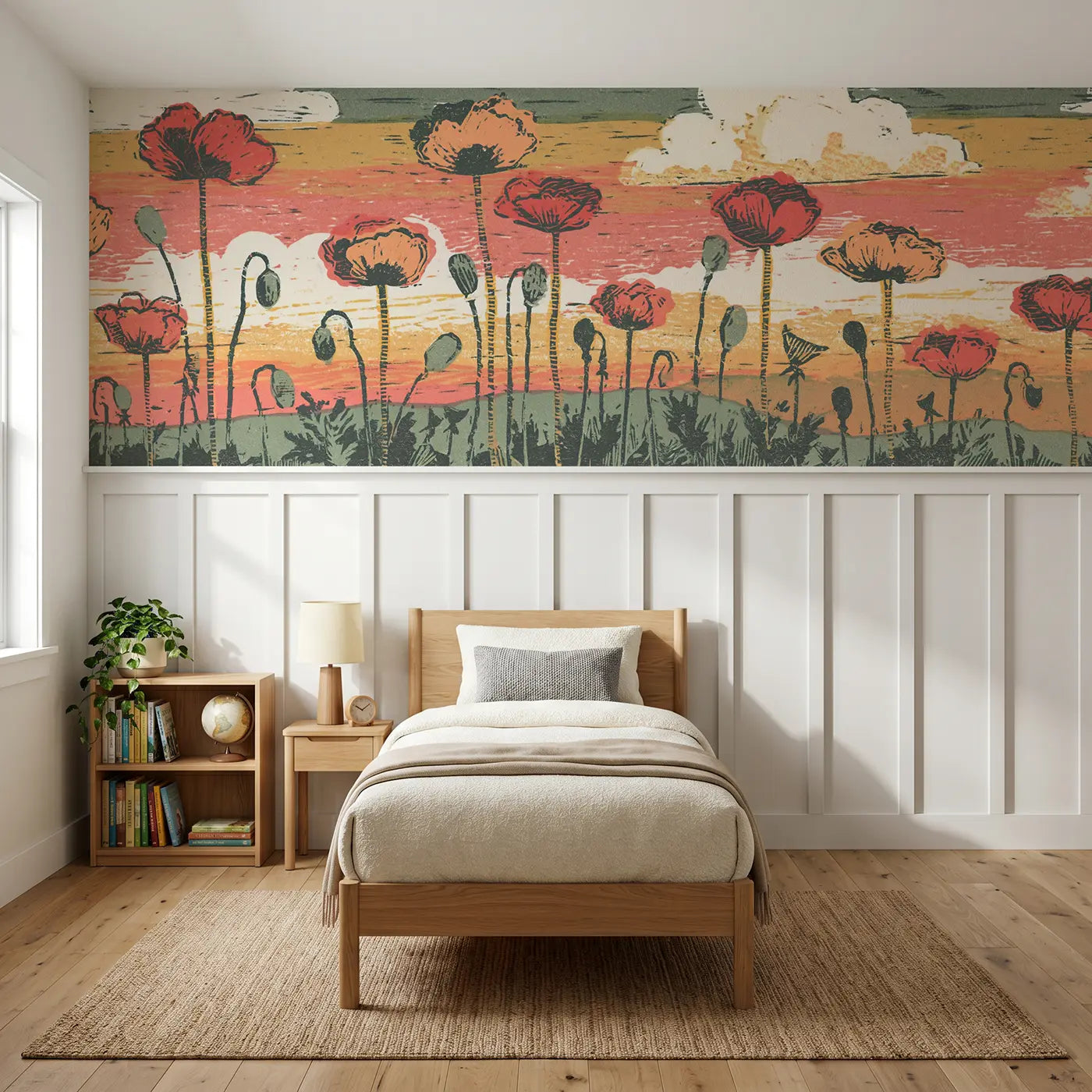 Block Print carved poppy field silhouette wainscoting wallpaper for bedroom by Whimsy Tots