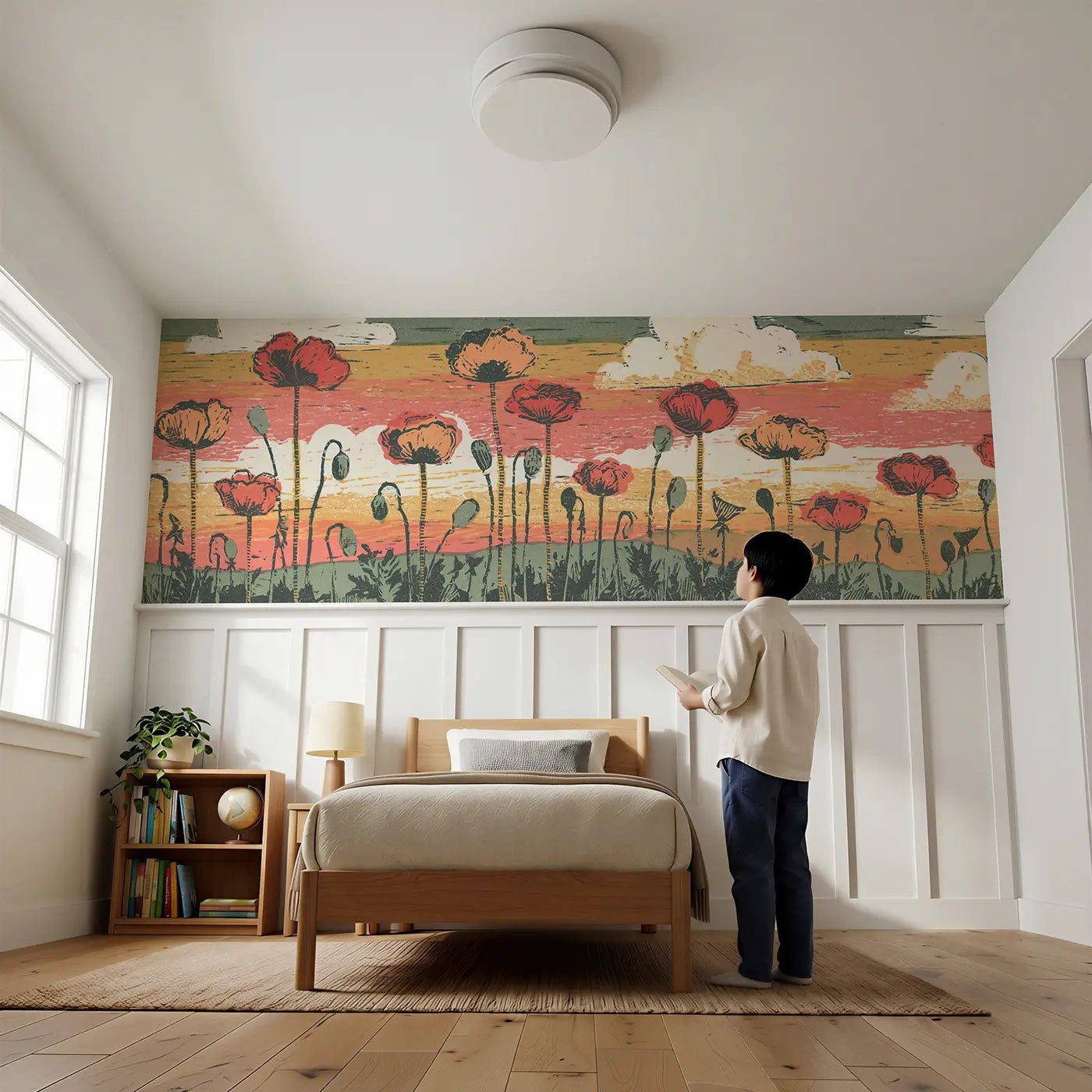 Child reading near Carved Poppy Field Silhouette Wainscoting Wallpaper by Whimsy Tots