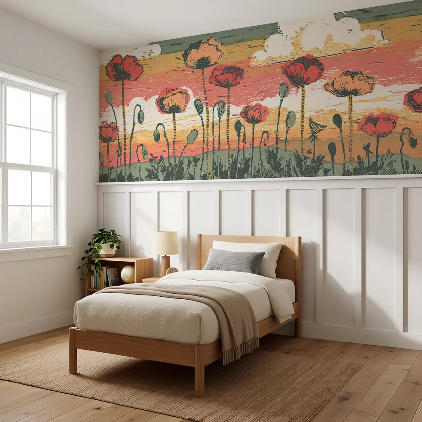 Carved Poppy Field Silhouette Wainscoting Wallpaper styled in a kids bedroom by Whimsy Tots