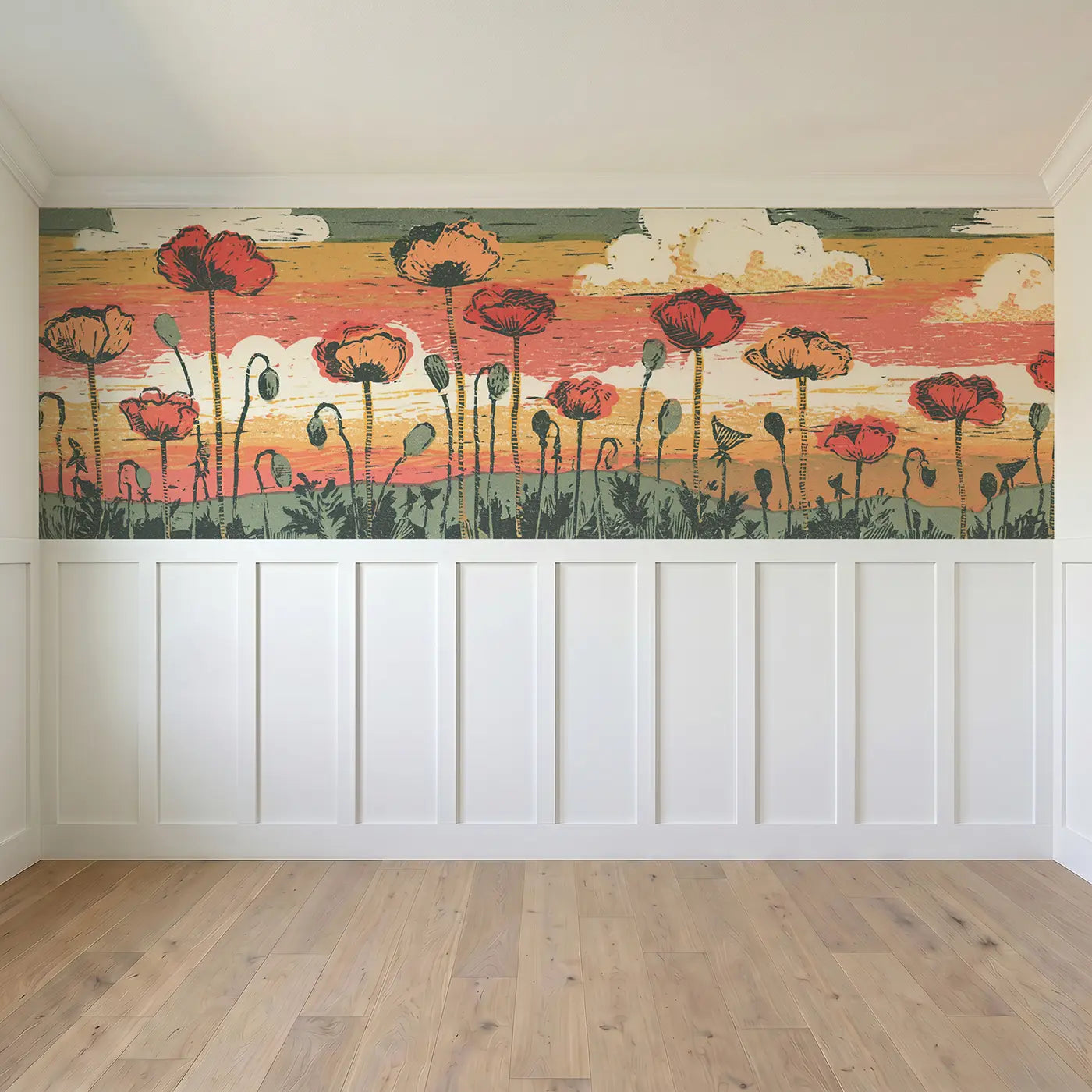 Full panel view of Carved Poppy Field Silhouette Wainscoting Wallpaper by Whimsy Tots