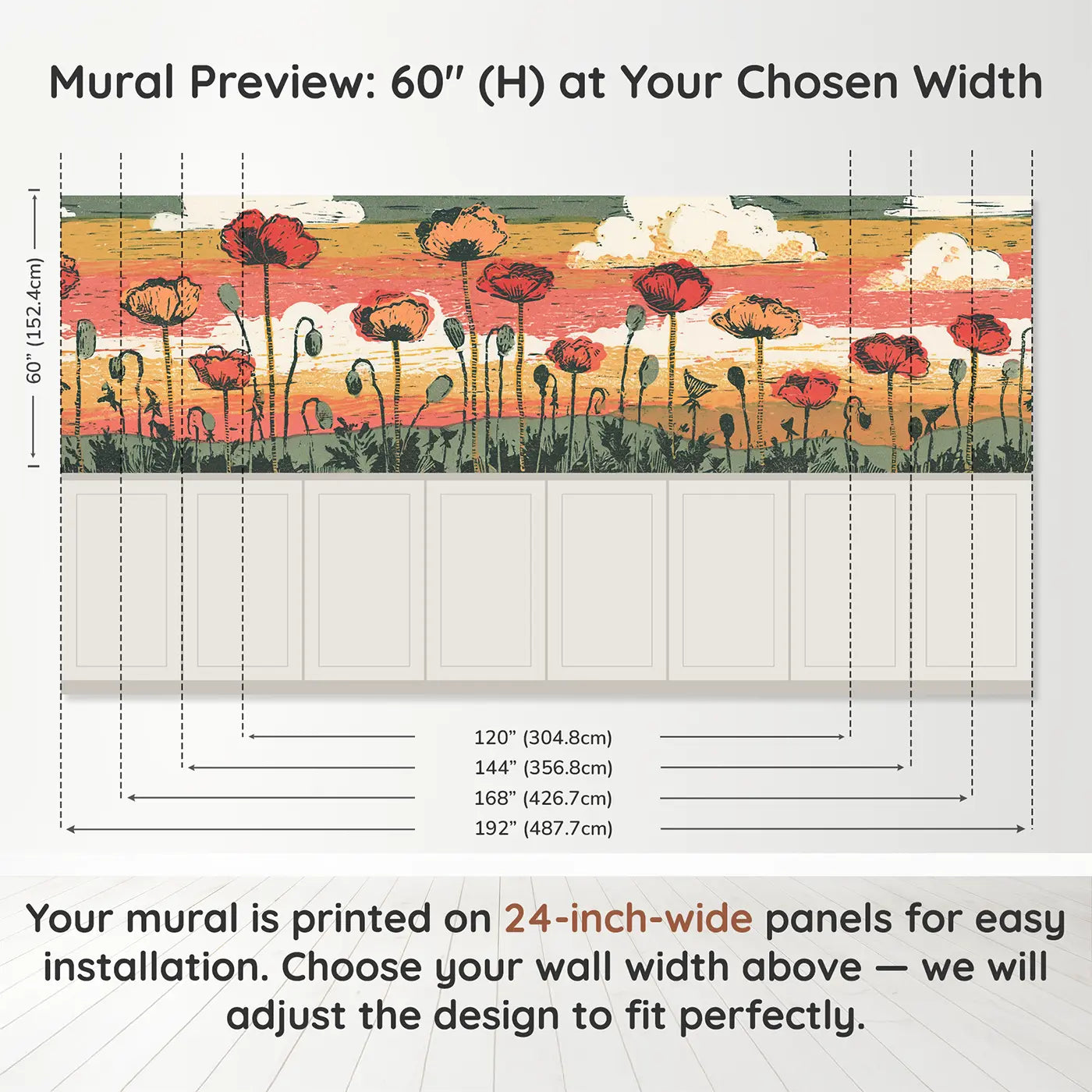 Panel dimensions for Carved Poppy Field Silhouette Wainscoting Wallpaper by Whimsy Tots