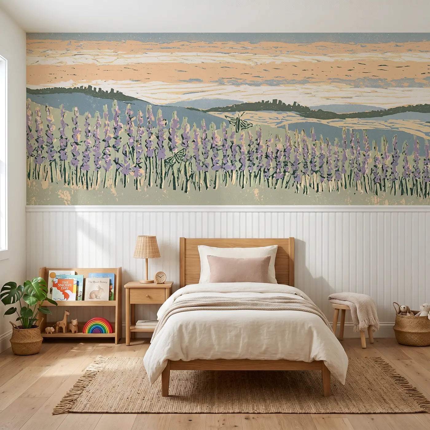 Block Print linocut lavender hill wainscoting wallpaper for bedroom by Whimsy Tots