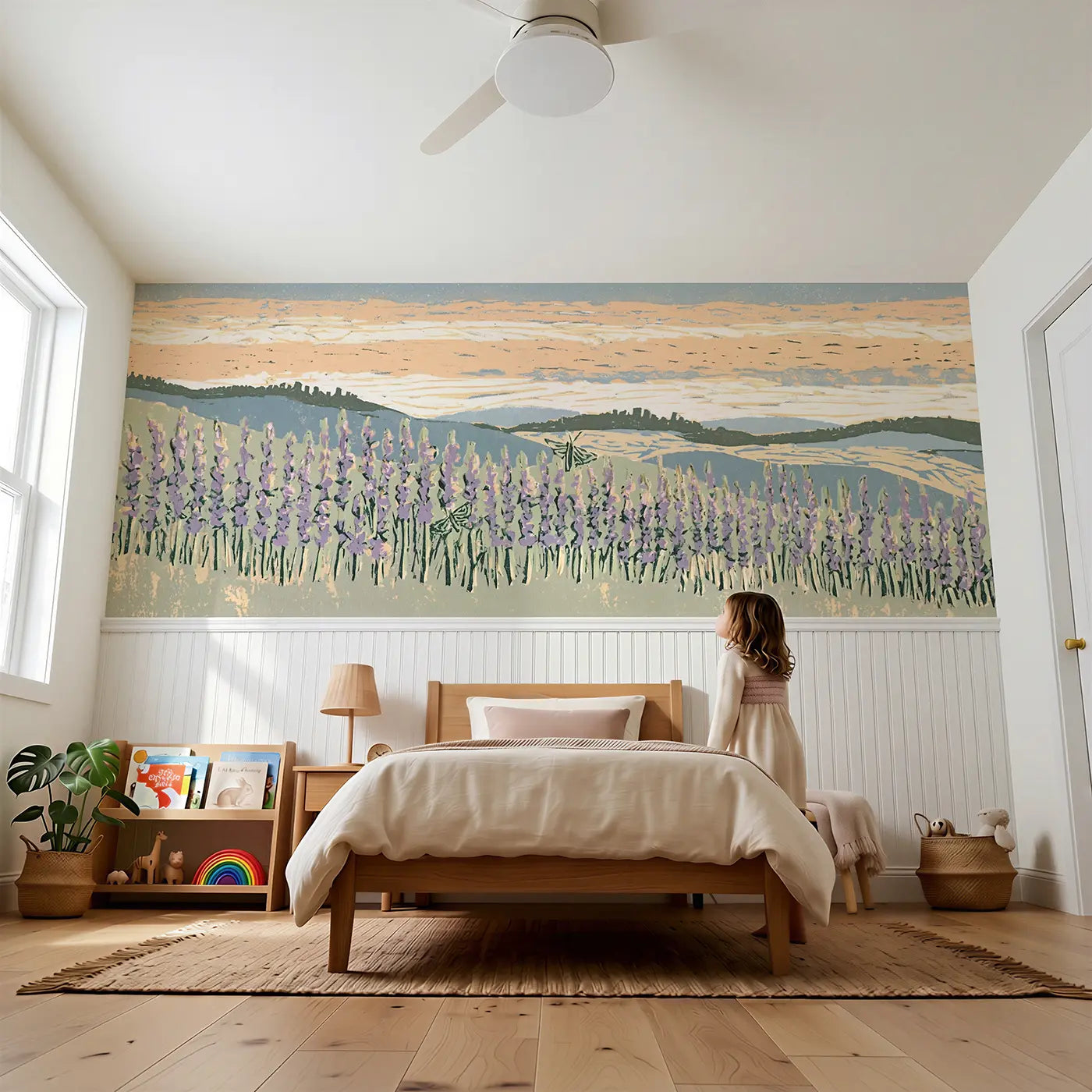 Child reading near Linocut Lavender Hill Wainscoting Wallpaper by Whimsy Tots