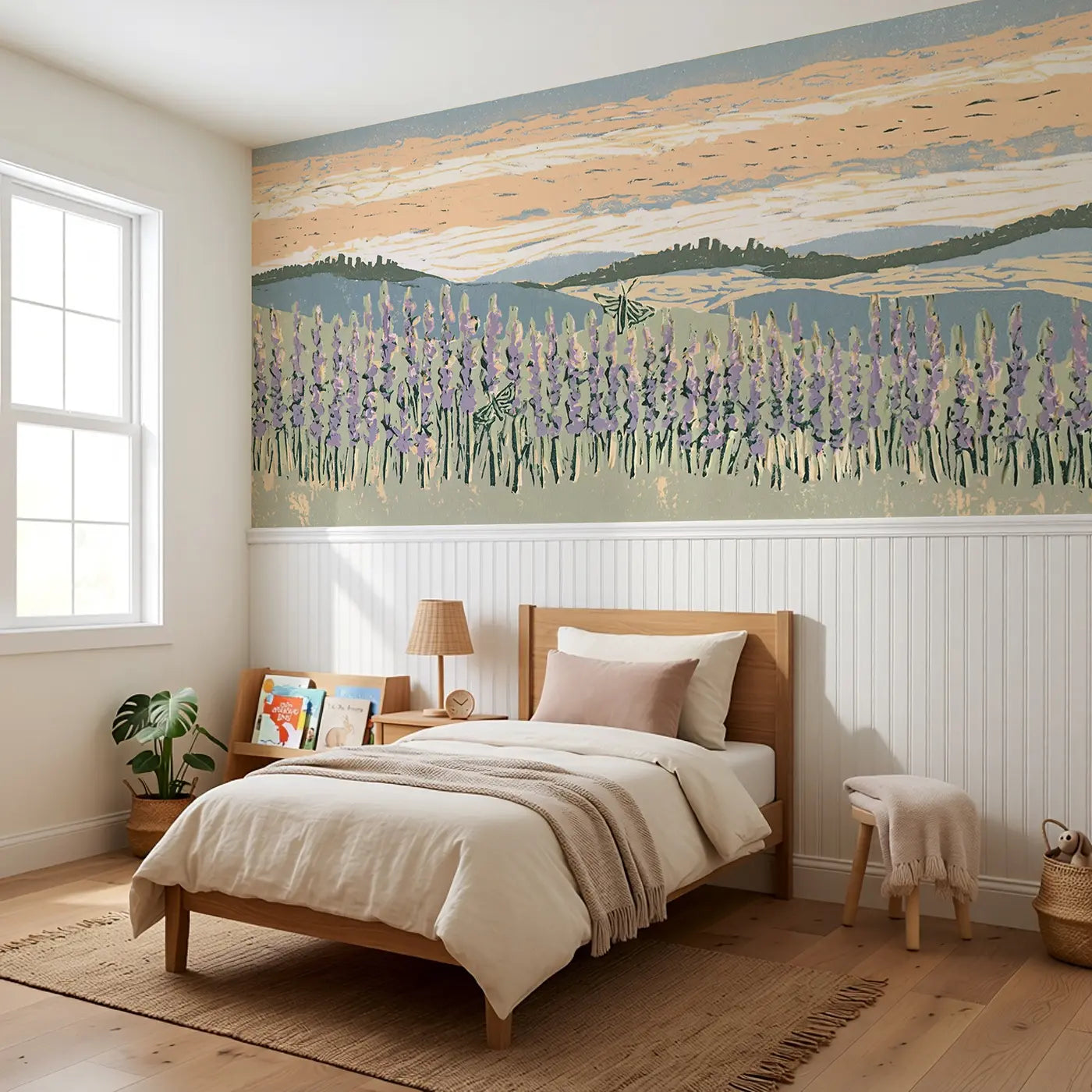 Linocut Lavender Hill Wainscoting Wallpaper styled in a kids bedroom by Whimsy Tots