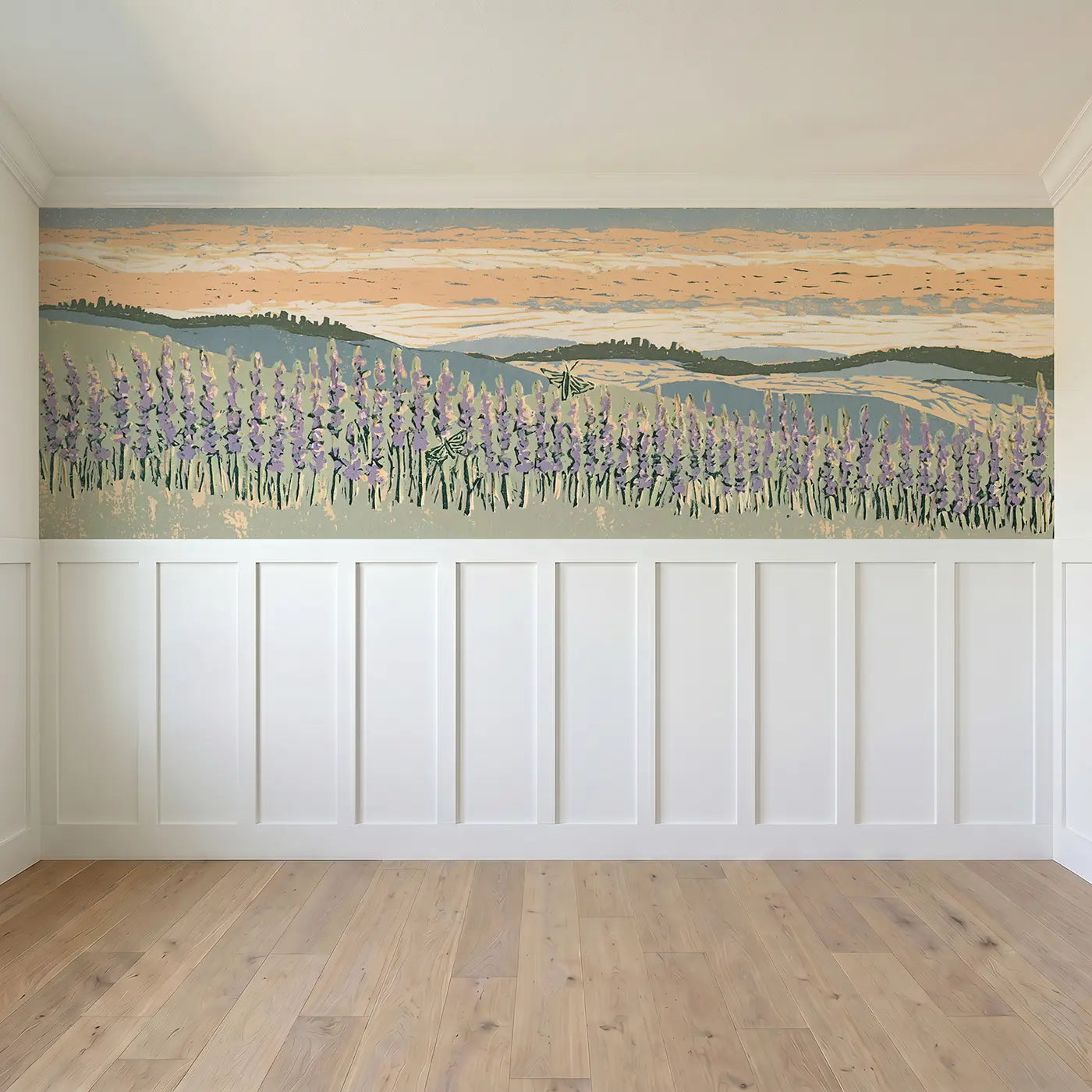 Full panel view of Linocut Lavender Hill Wainscoting Wallpaper by Whimsy Tots