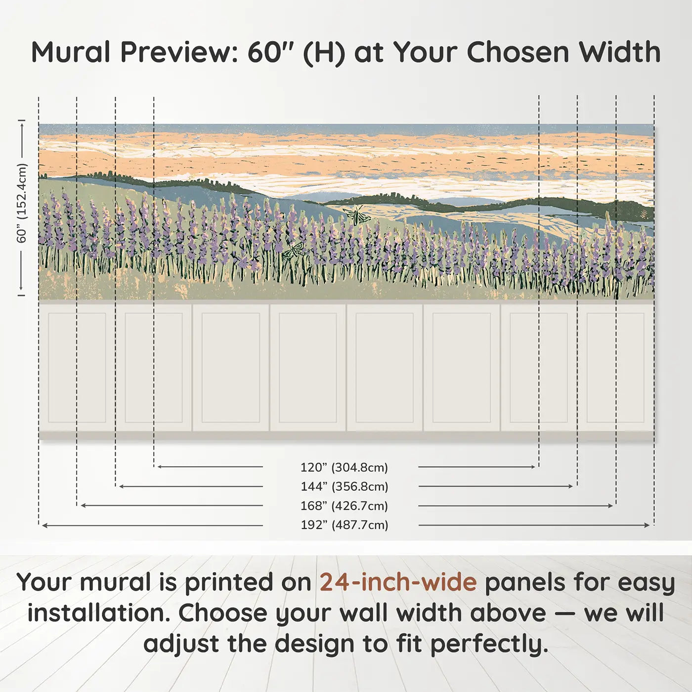 Panel dimensions for Linocut Lavender Hill Wainscoting Wallpaper by Whimsy Tots