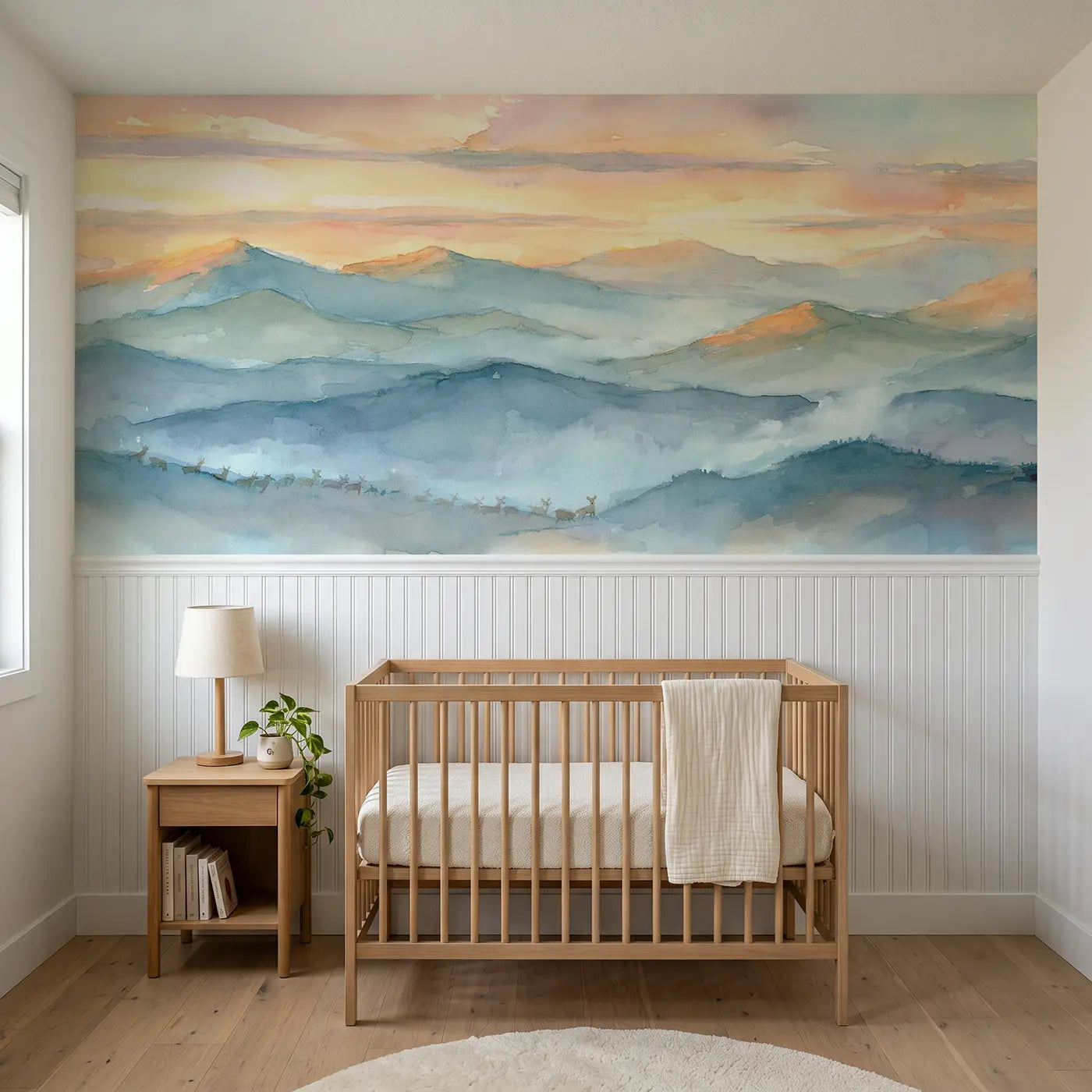 Watercolor misty mountain sunrise wainscoting wallpaper for nursery by Whimsy Tots