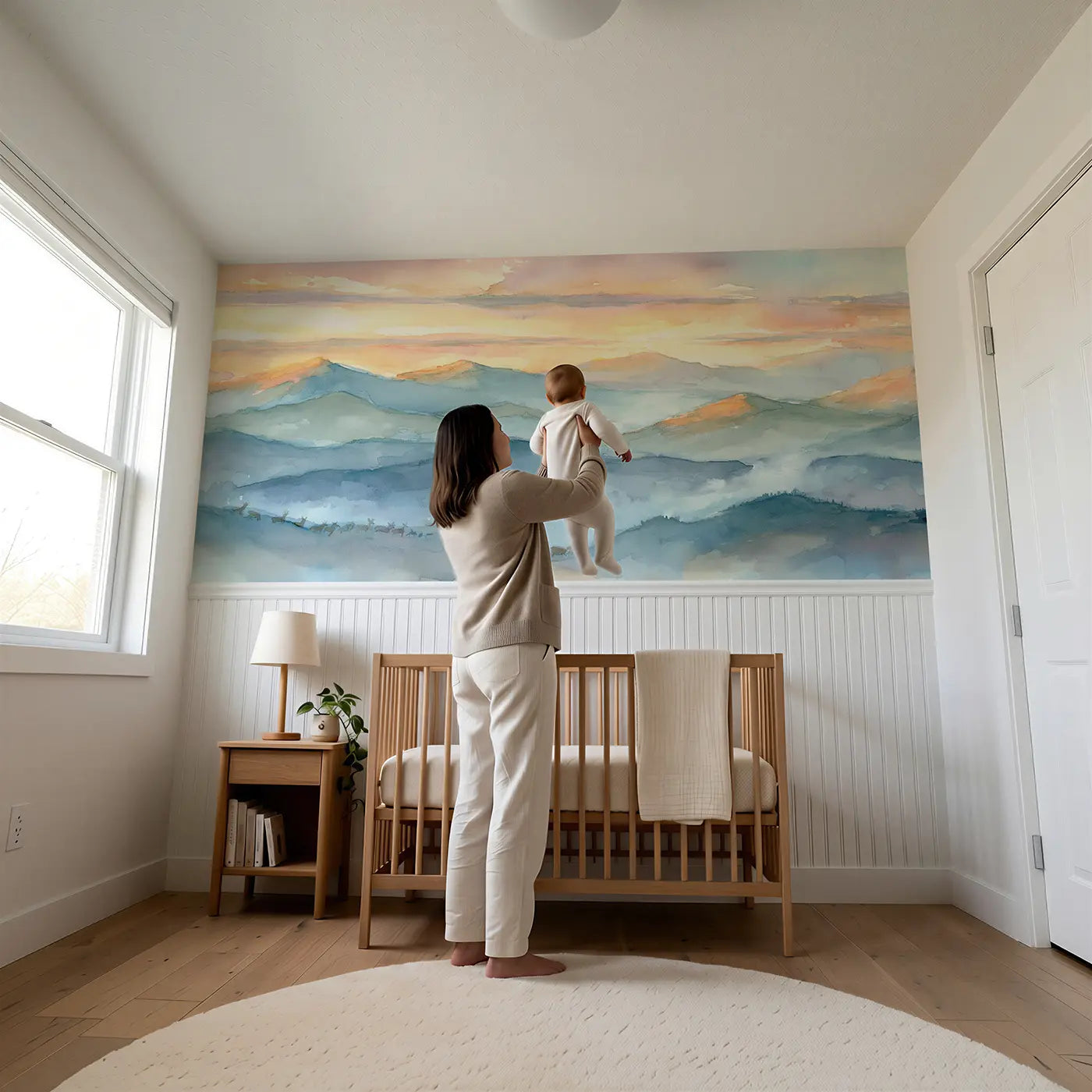 Child reading near Misty Mountain Sunrise Wainscoting Wallpaper by Whimsy Tots