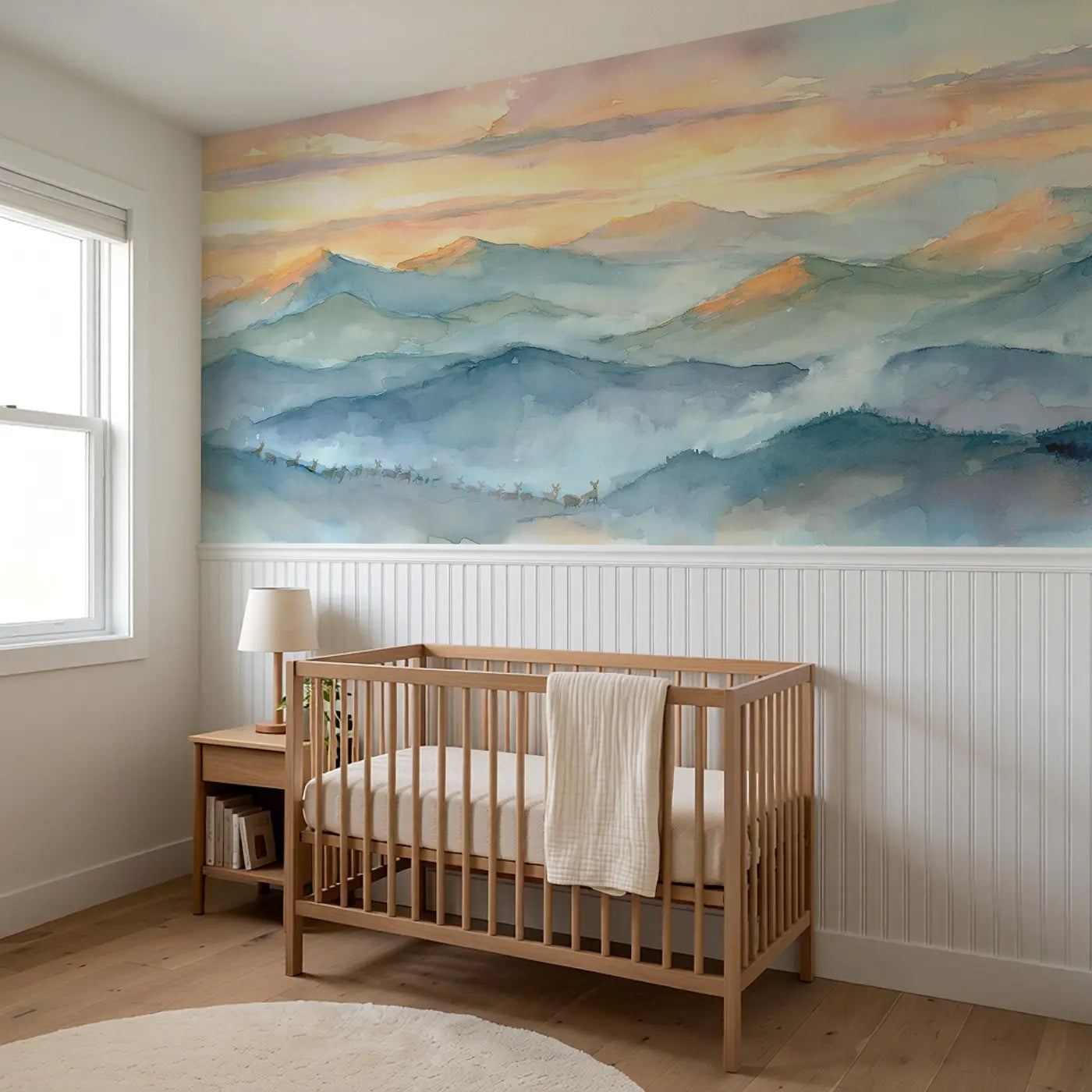 Misty Mountain Sunrise Wainscoting Wallpaper styled in a kids bedroom by Whimsy Tots