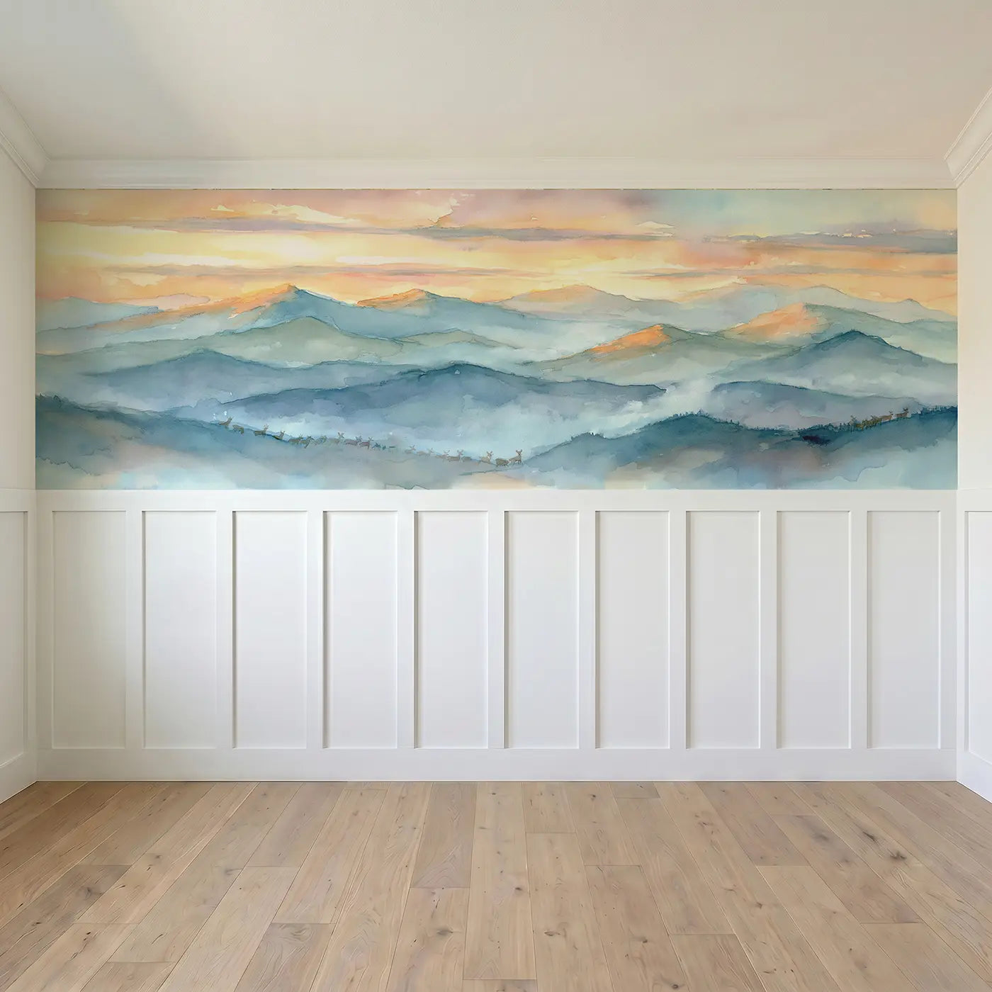 Full panel view of Misty Mountain Sunrise Wainscoting Wallpaper by Whimsy Tots