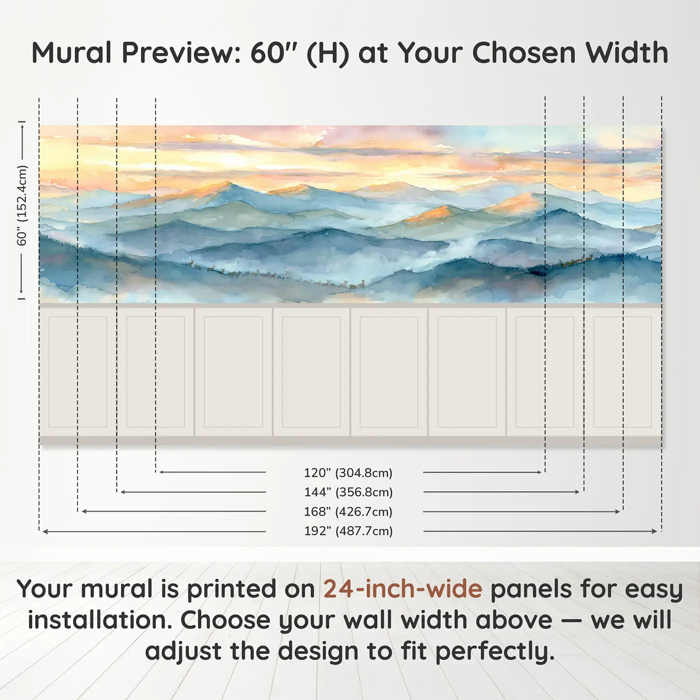 Panel dimensions for Misty Mountain Sunrise Wainscoting Wallpaper by Whimsy Tots