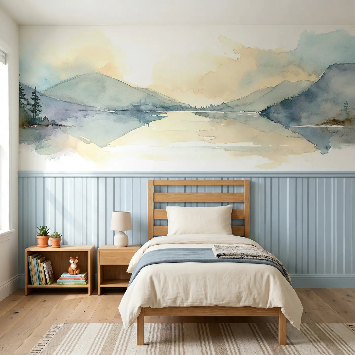 Watercolor ombre valley lake wainscoting wallpaper for nursery by Whimsy Tots