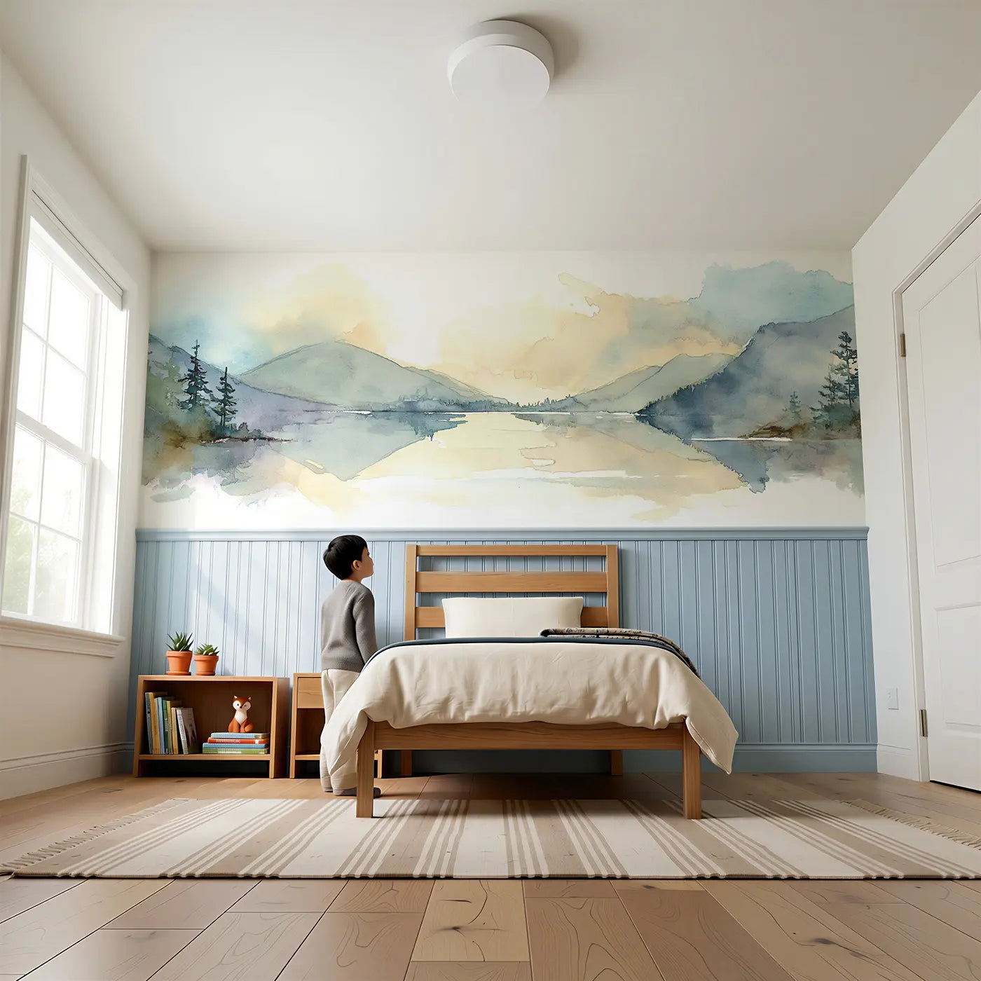 Child reading near Ombre Valley Lake Wainscoting Wallpaper by Whimsy Tots