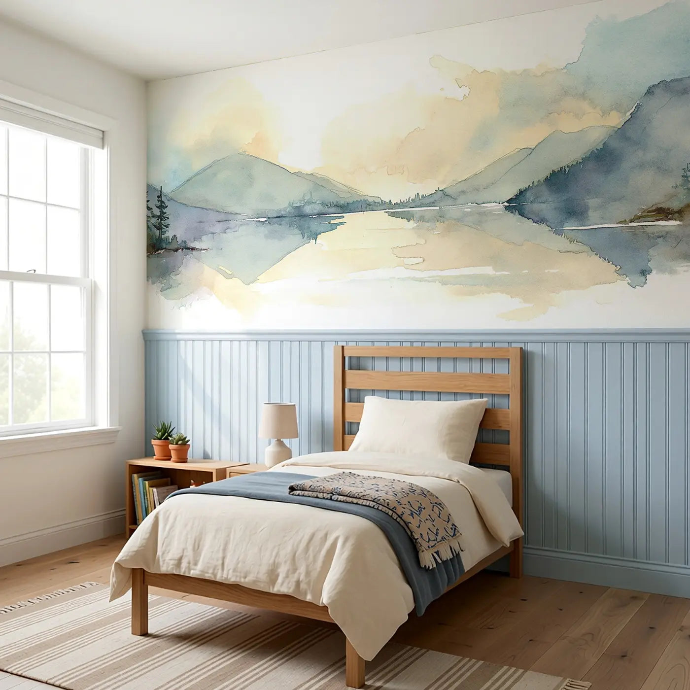 Ombre Valley Lake Wainscoting Wallpaper styled in a kids bedroom by Whimsy Tots