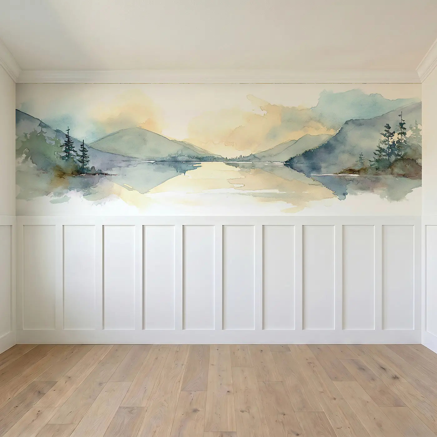 Full panel view of Ombre Valley Lake Wainscoting Wallpaper by Whimsy Tots