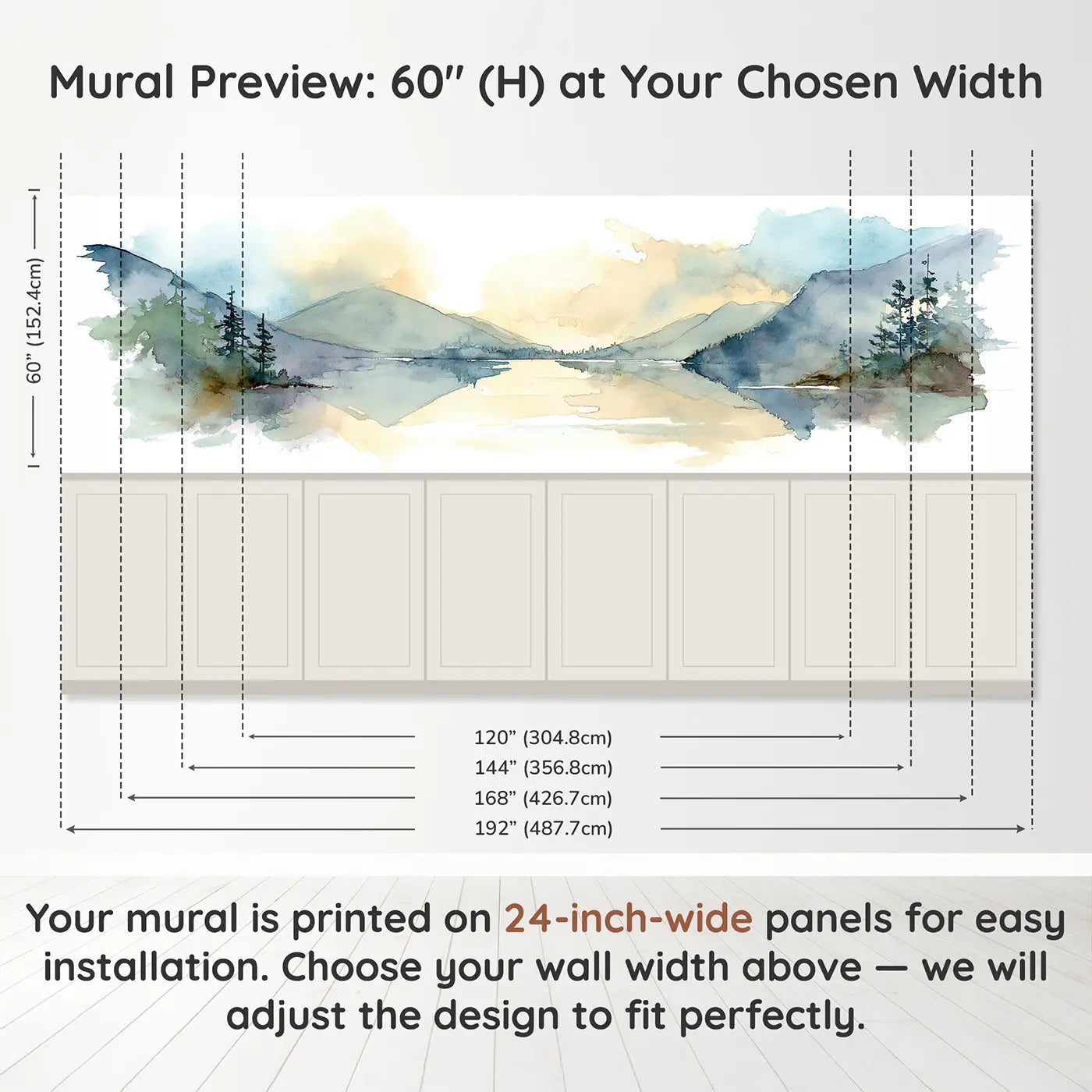 Panel dimensions for Ombre Valley Lake Wainscoting Wallpaper by Whimsy Tots