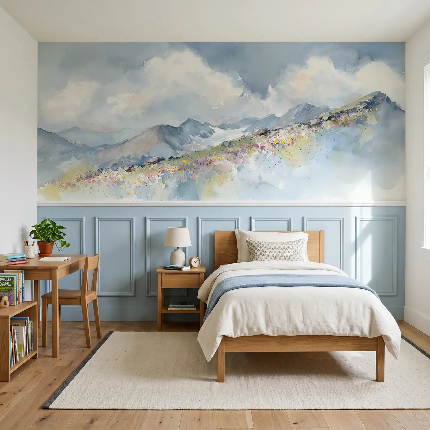 Watercolor alpine wildflower ridgeline wainscoting wallpaper for bedroom by Whimsy Tots