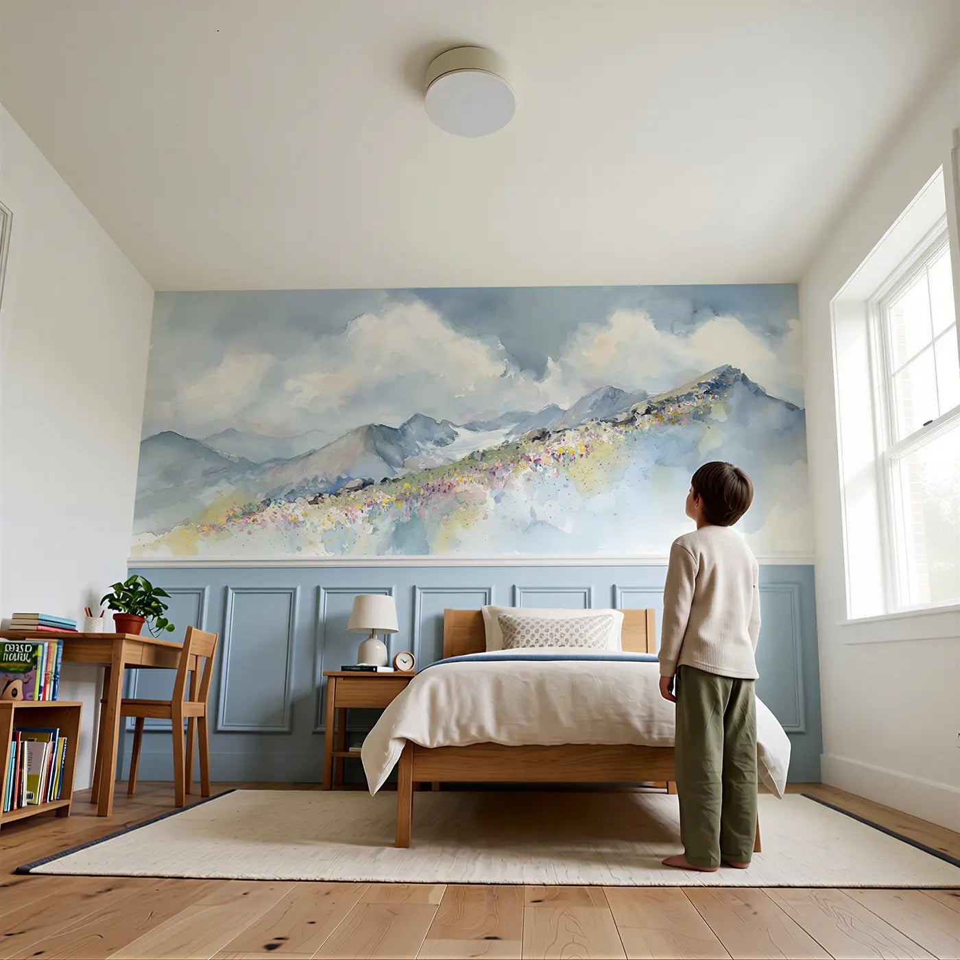 Child reading near Alpine Wildflower Ridgeline Wainscoting Wallpaper by Whimsy Tots