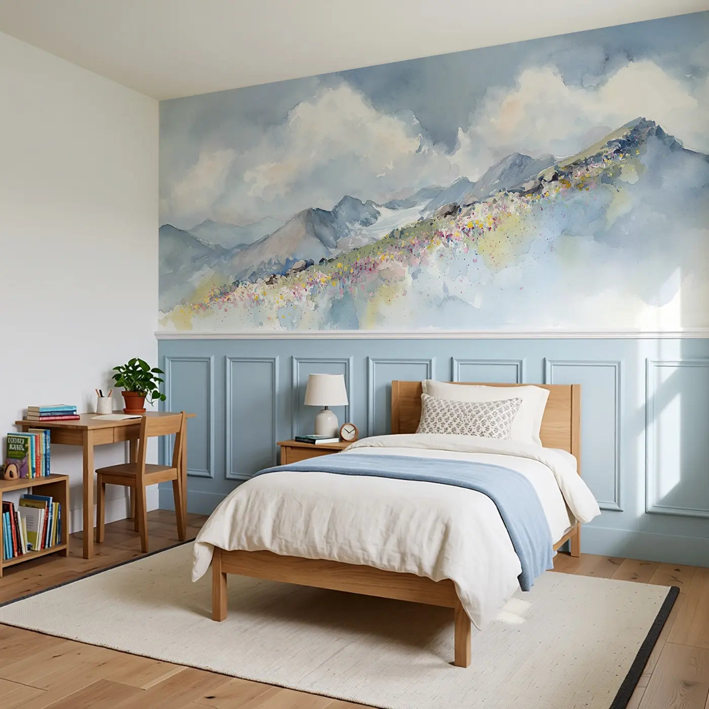 Alpine Wildflower Ridgeline Wainscoting Wallpaper styled in a kids bedroom by Whimsy Tots